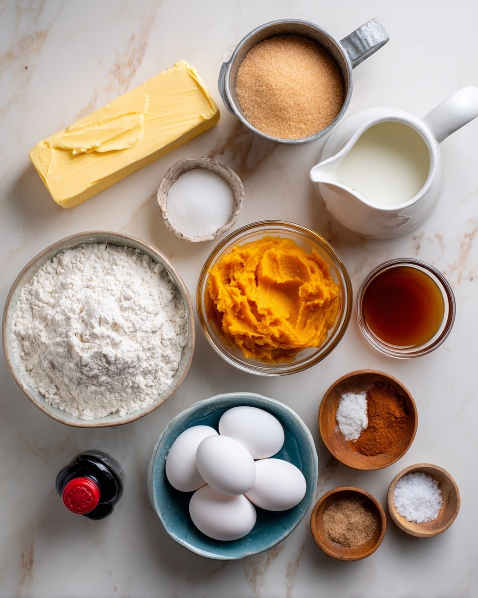 A top view of baking ingredients arranged on a white marbled surface, including a stick of yellow unsalted butter, a metal cup filled with light brown sugar, a small white pitcher with milk, a glass bowl of white powdered sugar, a small white bowl with bright orange pumpkin puree, a measuring cup with white flour, three white eggs in a white bowl with a blue rim, a small glass cup of amber maple syrup, a small wooden bowl of brown spice, and two smaller wooden bowls containing white baking powder and salt. A small black bottle with a red cap lies near the eggs, completing the set of ingredients photo taken with an iphone --ar 4:5 --v 7