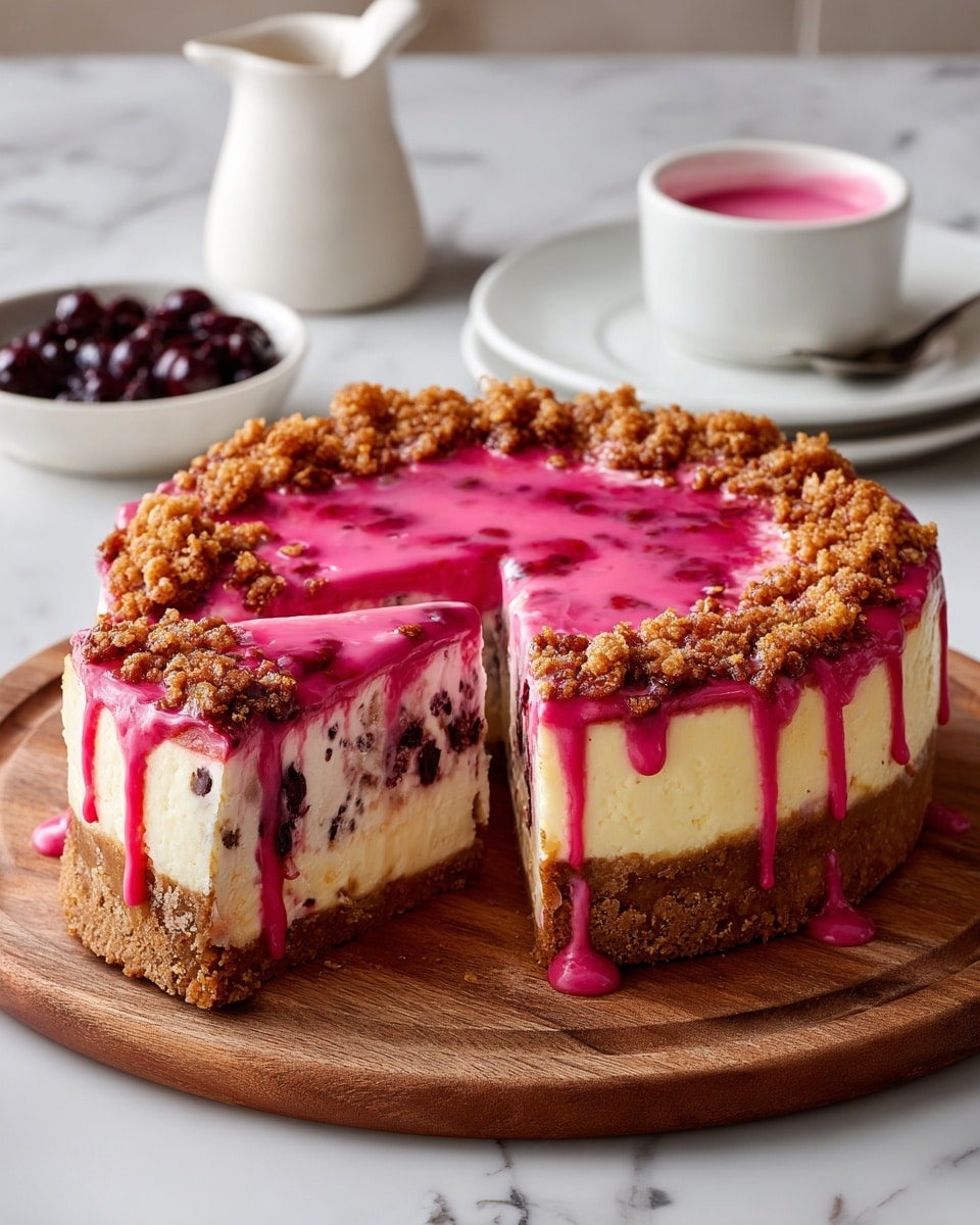 A round cake with three visible layers sits on a wooden board: a thick light brown crust at the bottom, a middle layer of creamy filling with dark spots, and a top layer of golden brown crumbly oats. The top is drizzled with bright pink glaze that drips slightly over the sides. One slice of the cake is lifted, showing the layers clearly. In the background, there is a small white bowl of dark berries, a white plate holding pink glaze, a glass jar, and a white pitcher on a white marbled surface. Photo taken with an iphone --ar 4:5 --v 7