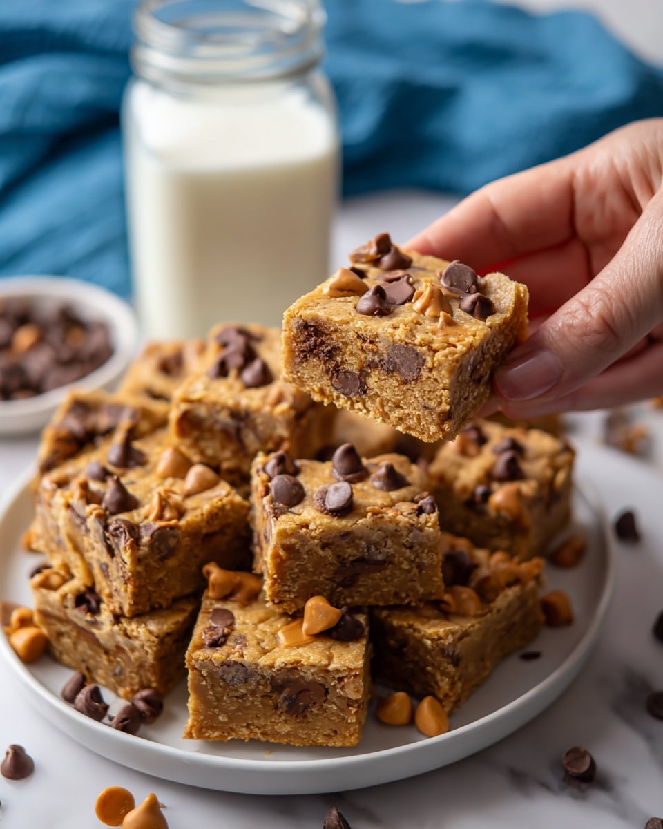 A close-up image shows a woman's hand holding one thick square bar of cookie dough with visible chocolate and peanut butter chips spread throughout the dense and soft-textured bar. Below the held bar, there is a white plate filled with many more cut squares of the same cookie bar, stacked and arranged close to each other, with more chocolate and peanut butter chips scattered around the plate and its edge. The background has a blue cloth and a glass jar filled with milk, all placed on a white marbled surface. photo taken with an iphone --ar 4:5 --v 7