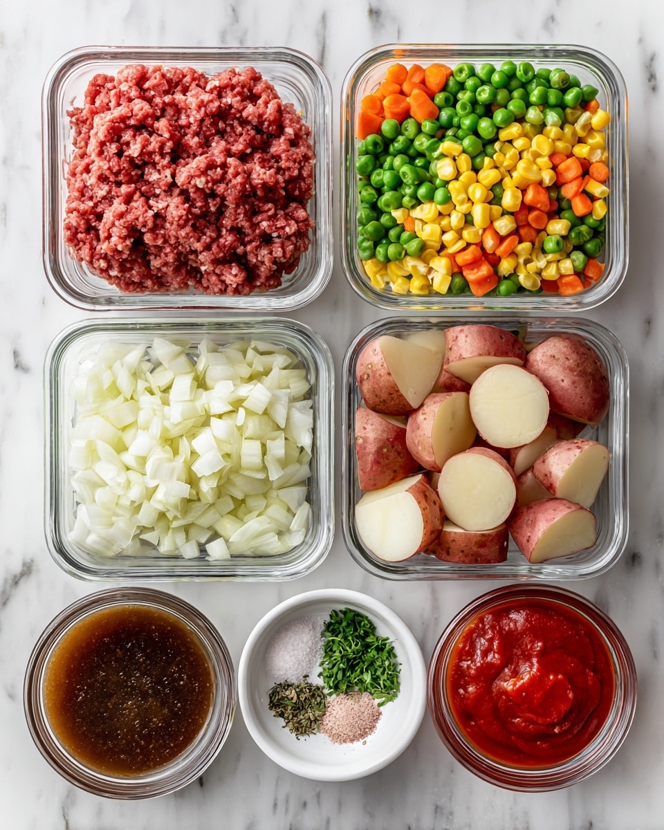 The image shows seven containers arranged in a grid on a white marbled surface, each holding different ingredients. The top left container holds raw ground meat with a rough texture in shades of pink and red. The top right container contains mixed frozen vegetables, including green beans, peas, small diced orange carrots, and yellow corn. The middle left container holds chopped white onions with small minced garlic in the center, both finely cut and fresh. The middle right container has quartered red-skinned potatoes with a smooth texture and creamy interior. The bottom row contains three glass containers: the left one has a dark brown liquid sauce, the middle one shows green herbs, pink salt, and black pepper in a white bowl, and the right one holds a bright red tomato sauce. The photo is taken with an iphone --ar 4:5 --v 7