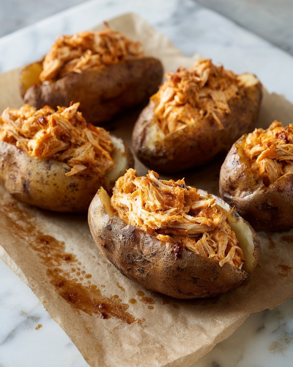 Four baked potatoes with a rough brown skin are split open and filled with shredded, saucy orange-brown chicken filling. The chicken is placed inside each potato in a thick layer, showing a textured mix of meat pieces. The potatoes rest on a piece of brown parchment paper with spots of moisture, all set on a white marbled surface. photo taken with an iphone --ar 4:5 --v 7