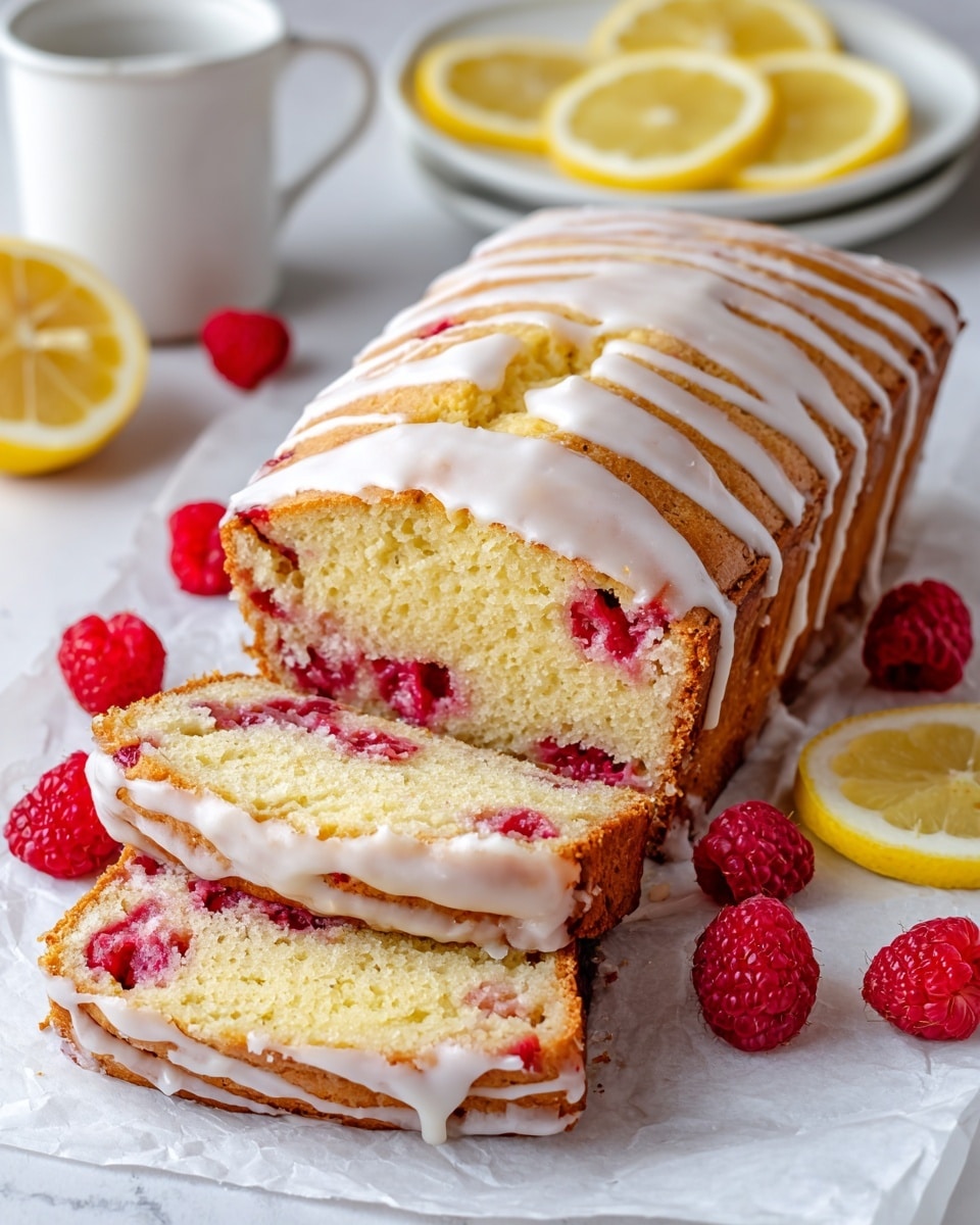 A loaf of lemon raspberry bread is shown on white parchment paper on a white marbled surface. The bread has a light golden brown crust with a smooth white glaze drizzled unevenly on top, creating thin streaks exposing the crust underneath. Three slices are stacked in front of the loaf, revealing a soft, moist yellow crumb filled with fresh red raspberries scattered throughout. Around the bread are whole raspberries and thin lemon wedges, and in the upper right corner, there is a white plate holding additional lemon slices. The scene is bright and fresh, presenting a summery dessert vibe. Photo taken with an iphone --ar 4:5 --v 7