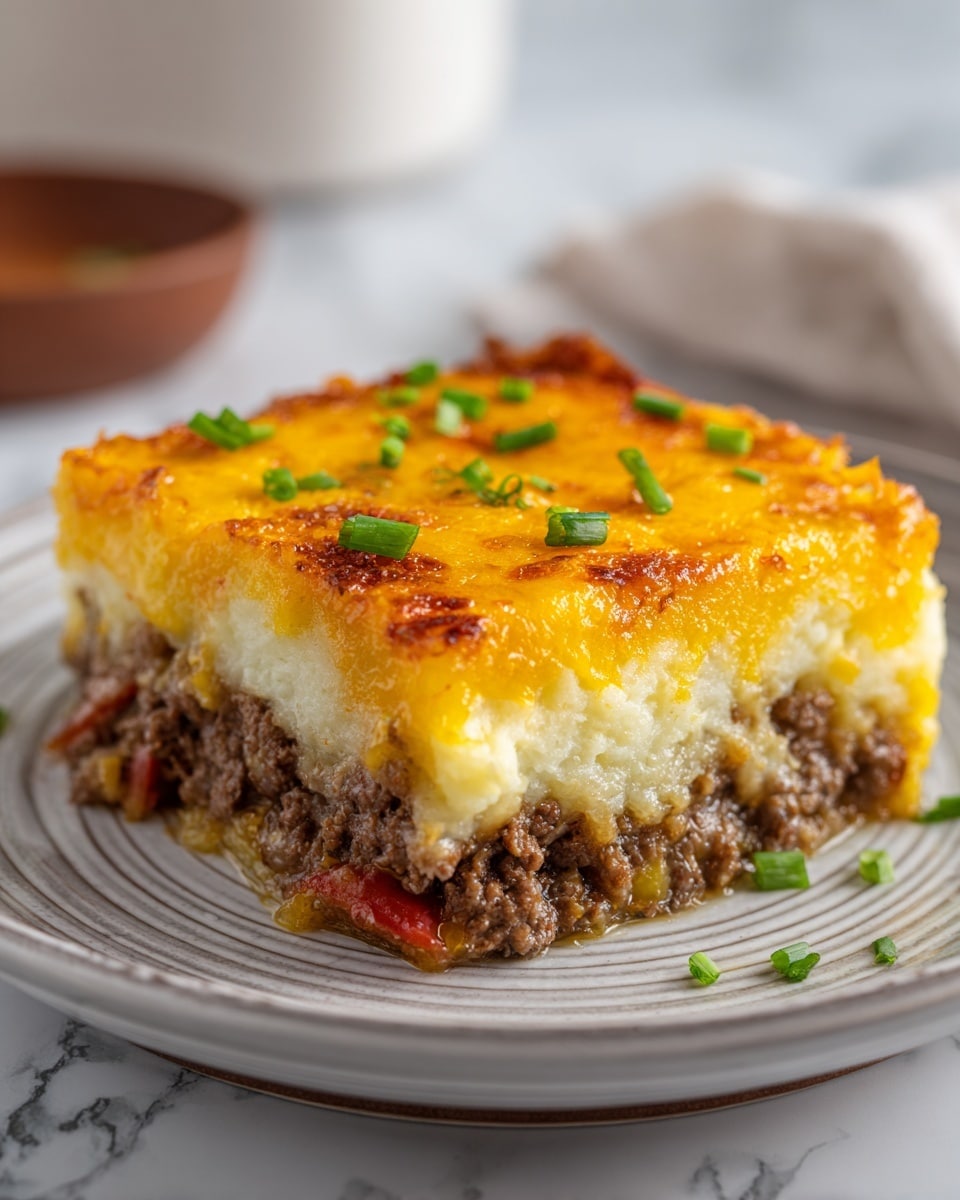 A square piece of layered casserole is on a white plate with a gray rim, set on a white marbled surface. The bottom layer contains small chunks of browned meat with bits of red tomato pieces, topped by a thick, creamy, light yellow layer mixed with mashed potatoes. The top layer is golden brown with melted cheddar cheese that has bubbled and browned slightly, garnished with small chopped green onions. The casserole has a soft but slightly crispy texture on top. Photo taken with an iphone --ar 4:5 --v 7