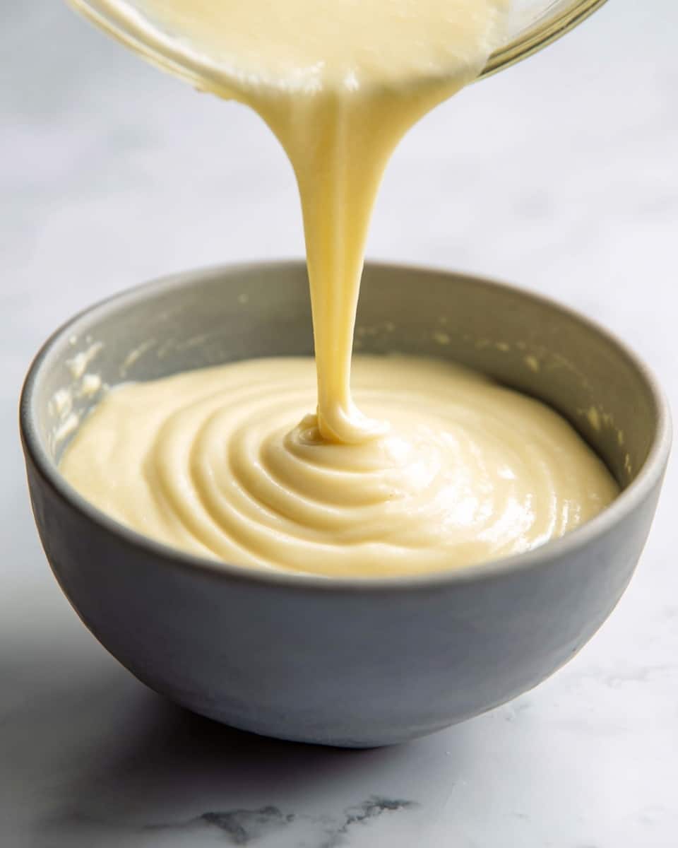 A close-up view of a grey bowl filled with thick, creamy, pale yellow batter that is being poured from a glass bowl above. The batter has a smooth, slightly swirled texture and fills most of the grey bowl, which sits on a white marbled surface that gives a clean, light background to the scene. photo taken with an iphone --ar 4:5 --v 7
