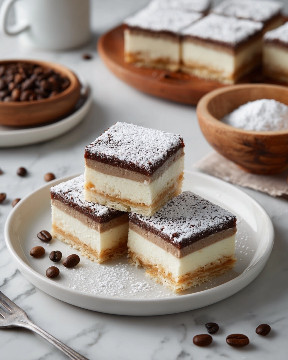 The image shows three square pieces of a layered dessert placed on a white round plate. Each piece has three layers: the bottom layer is light brown and smooth, the middle layer is a darker brown and creamy, and the top layer is golden brown with a slightly rough texture, dusted with white powdered sugar. Coffee beans are scattered around the pieces on the white marbled surface. In the background, there is a white oval plate with more dessert pieces and a wooden bowl filled with coffee beans, alongside another wooden bowl holding powdered sugar and a sifter. A silver fork rests just behind the plate. Photo taken with an iphone --ar 4:5 --v 7