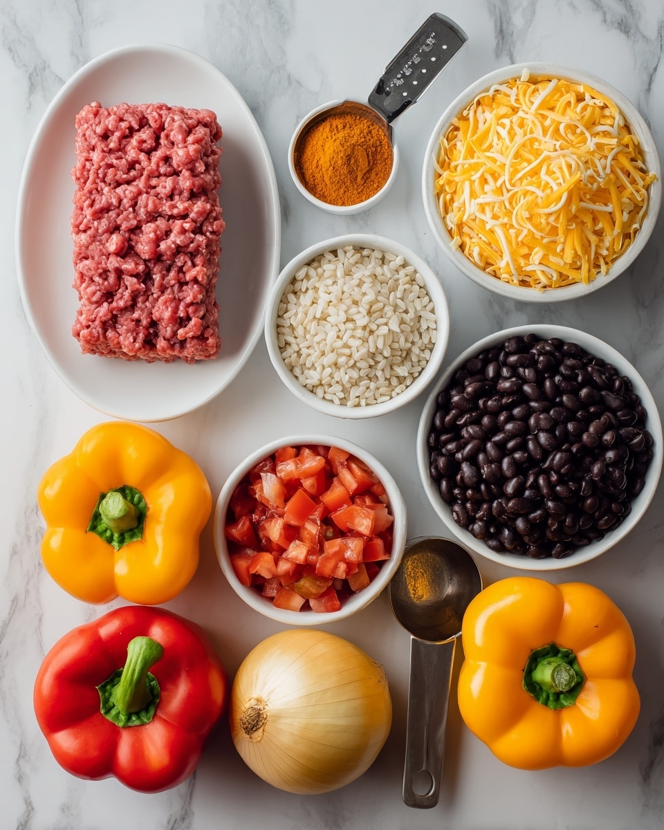 The image shows eight ingredients arranged on a white marbled surface, each in its own white bowl or plate except for the bell peppers and onion which are loose on the surface. Starting front left, a white plate holds a block of raw ground beef with a bright pink color and smooth texture. Above it, a small white bowl holds orange taco seasoning powder. To the right of that, a medium white bowl is filled with shredded yellow and white cheese. Next to it, a metal measuring scoop contains instant rice grains. Below that, a white bowl contains beige canned corn kernels. To its right, a dark bowl holds shiny dark red black beans. Below the beans, another white bowl contains diced canned tomatoes with visible red chunks and some juice. In the bottom half of the image seven large bell peppers in orange, yellow, red, and green colors surround a round yellow onion with a rough textured peel, all placed directly on the white marbled surface. photo taken with an iphone --ar 4:5 --v 7