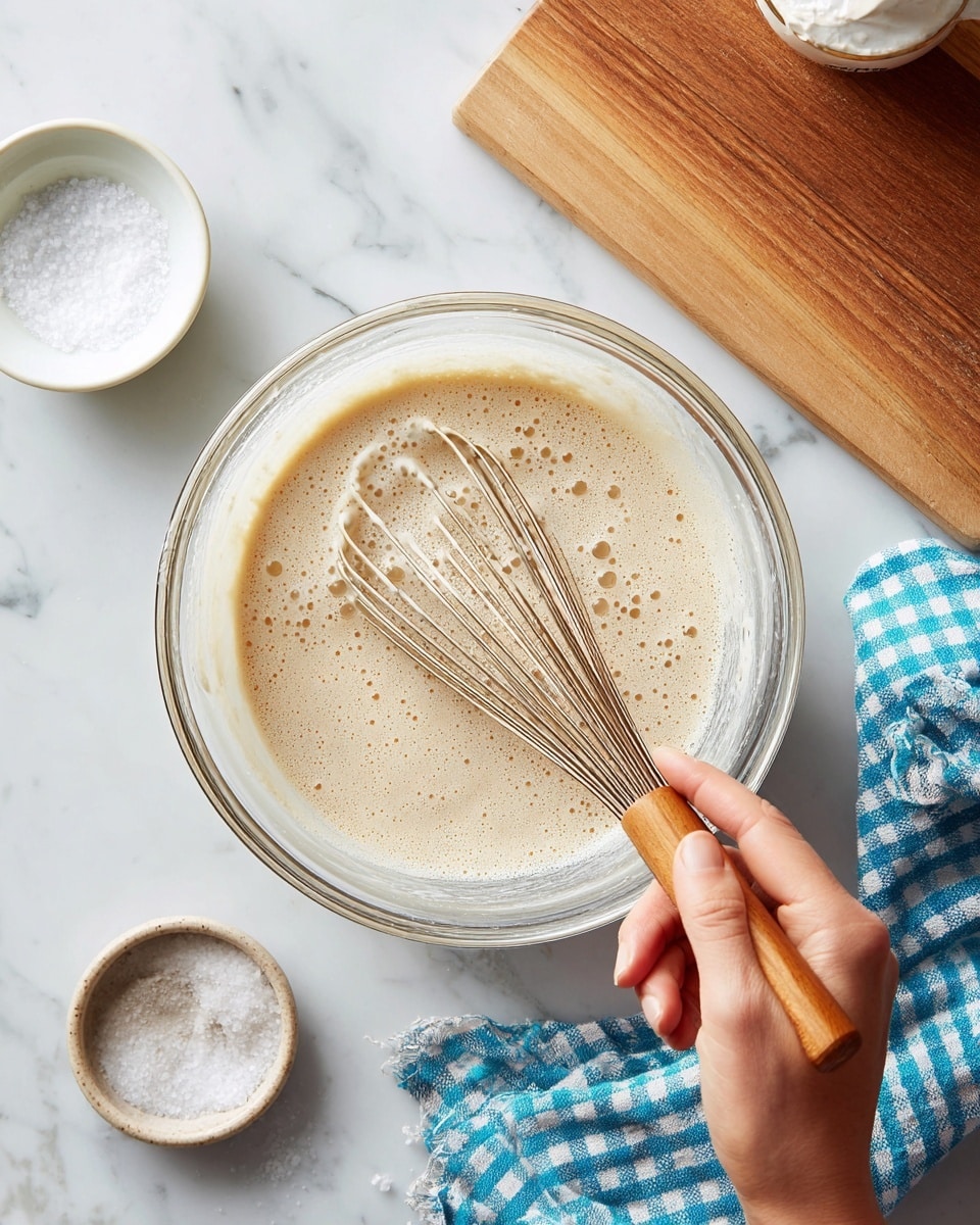 A clear glass bowl filled with a light beige, creamy mixture with some bubbles on the surface is being whisked by a woman's hand holding a whisk with a wooden handle. The bowl is placed on a white marbled surface with a small white bowl containing salt nearby on the left and a wooden cutting board partially visible on the right with a blue and white checkered cloth underneath. Photo taken with an iphone --ar 4:5 --v 7