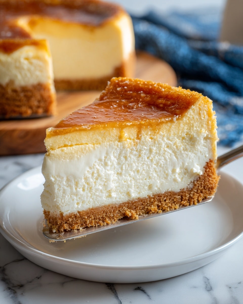 A slice of three-layered cheesecake being lifted with a metal spatula from a white plate. The bottom layer is a thick, light tan crumbly crust. The middle layer is creamy and smooth in an off-white color, thick and even. The top layer is thin, shiny, and golden caramel-colored, slightly glossy with a smooth texture. The background is a white marbled surface with a blurred wooden cutting board and blue cloth in the distance. Photo taken with an iphone --ar 4:5 --v 7