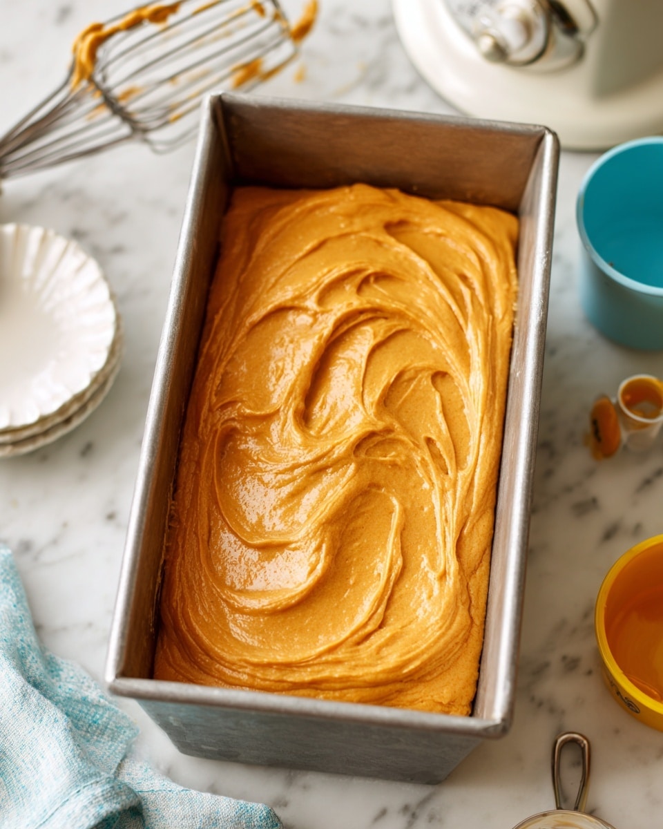 A metal loaf pan filled with smooth, thick orange batter spread evenly inside, showing some gentle swirls and texture on the surface. The pan sits on a white marbled countertop with a white plate, a blue measuring cup, and a yellow measuring cup around it, along with a metal whisk and part of a white kitchen appliance slightly visible in the background. The scene looks bright and clean, suggesting baking preparation in progress. photo taken with an iphone --ar 4:5 --v 7