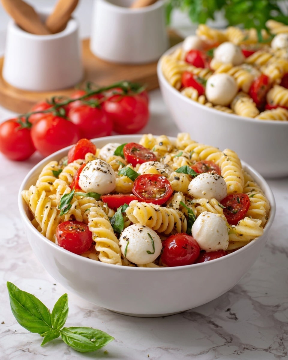 A white bowl filled with a rotini pasta salad made of three main layers: at the bottom is a light yellow pasta, mixed with round white mozzarella balls on top, followed by bright red cherry tomato halves, and scattered dark green chopped basil leaves. The pasta and toppings have a light coating of black pepper and oil giving a slight shiny look. In the background, there is a larger white bowl filled with the same pasta salad. To the side, there is a bunch of fresh red tomatoes on the vine, and scattered bright green fresh herbs on a white marbled surface. Also visible are white salt and pepper shakers with small wooden spoons in them on a small wooden tray. Photo taken with an iphone --ar 4:5 --v 7
