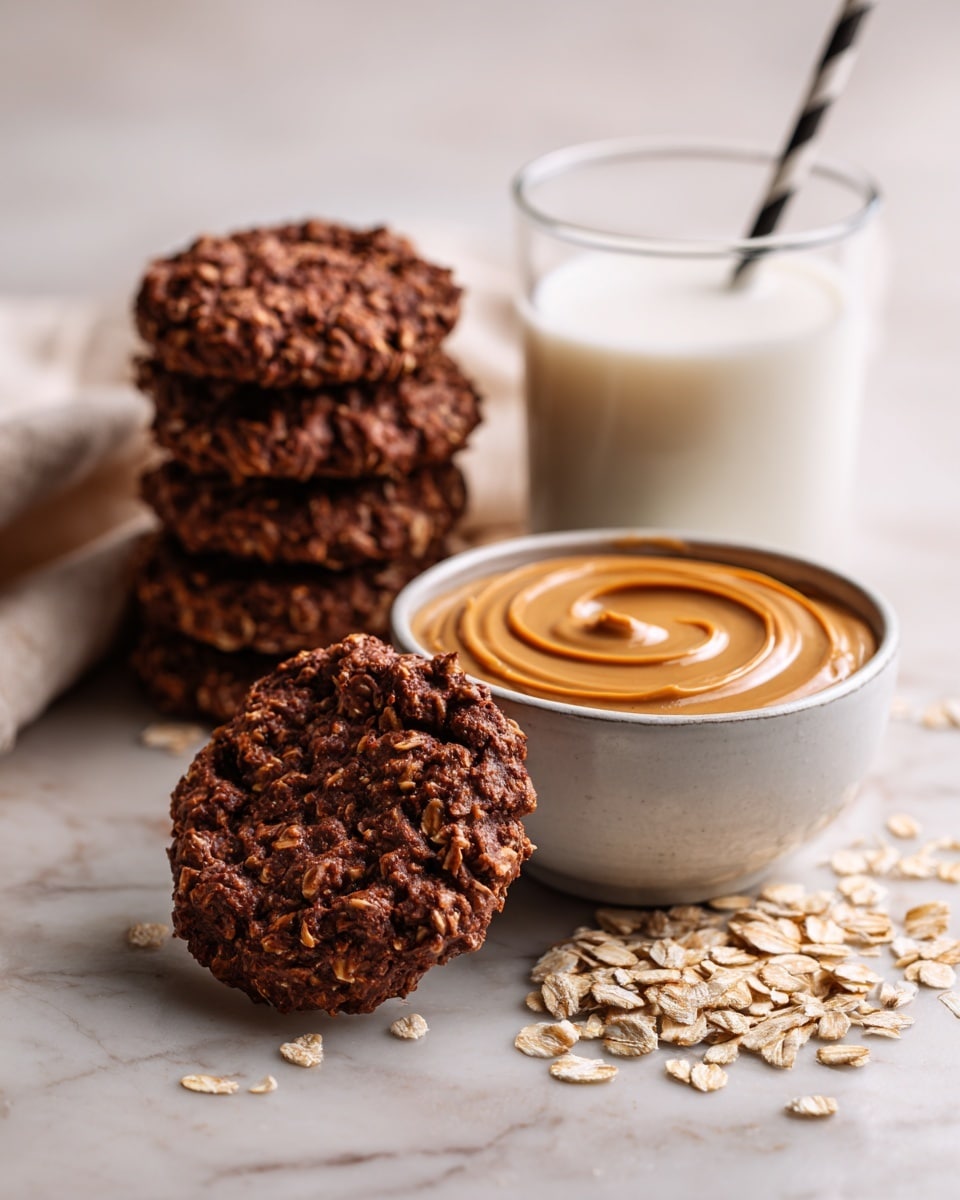 The image shows several rough, round chocolate oatmeal cookies, each with a textured surface and a dark brown color, placed on a white marbled texture surface. One cookie is leaning against a small white bowl filled with smooth, creamy peanut butter that has soft swirls on top, in a light orange-brown shade. Scattered raw oats lie on the surface near the cookies. In the background, there is a clear glass of white milk with a black-and-white striped straw, slightly blurred to keep focus on the cookies and peanut butter in the front. Photo taken with an iphone --ar 4:5 --v 7