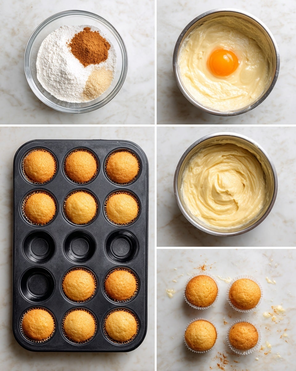 The image shows six steps of making cupcakes on a white marbled surface. Step 1 is a clear bowl with white flour, baking powder, and brown spice powder on top. Step 2 is a metal bowl with creamy butter and a raw orange egg yolk in the center. Step 3 shows the same metal bowl with the butter mixture, with milk and flour added, creating a mixed light yellow batter with some white flour still visible. Step 4 shows the metal bowl with a smooth, thick light yellow batter evenly spread. Step 5 shows a black cupcake tray with some cupcake batter evenly spooned into six of the twelve slots, the batter is light yellow and thick, and some batter is splattered around the tray. Step 6 shows the same black cupcake tray with twelve golden brown baked cupcakes centered in the slots, with lightly cracked tops. photo taken with an iphone --ar 4:5 --v 7