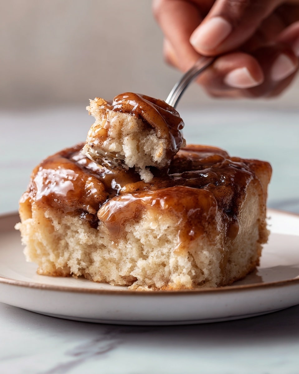 The image shows a close-up of a piece of cinnamon roll with two layers on a white plate with a white marbled background. The bottom layer is a light beige, soft dough with a crumbly texture, while the top layer is a shiny, sticky brown cinnamon glaze with visible cinnamon specks. A woman's hand holds a section of the cinnamon roll with a metal fork, lifting it slightly from the plate. The lighting highlights the contrast between the glossy top and soft bottom layers. photo taken with an iphone --ar 4:5 --v 7