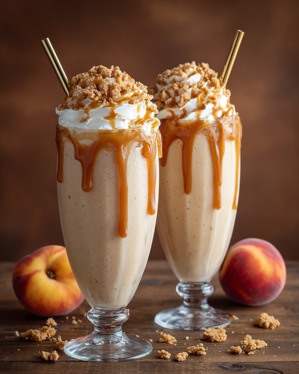 Two tall clear glasses hold a creamy beige milkshake. Each glass has a drizzle of rich caramel running down the inside. On top, there is a thick layer of white whipped cream topped with chunky light brown cookie crumbs. A shiny gold metal straw sticks out of each milkshake from the right side. Around the glasses, there are scattered crumbs and two fresh peaches on a worn wooden surface. The background has a smooth warm brown color. photo taken with an iphone --ar 4:5 --v 7