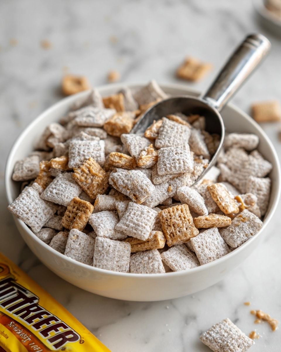 The image shows a white bowl filled with small square cereal pieces covered in a light dusting of powdered sugar, giving them a powdery texture. Mixed within the cereal are scattered pieces of crushed, light brown candy, adding a rough texture and contrast to the smooth powder. Resting on the cereal is a dull silver metal scoop, partially filled and angled pointing right. The bowl sits on a white marbled surface with a partially visible yellow Butterfinger candy wrapper in the lower left corner. The colors focus on light browns, soft whites, and metallic gray. photo taken with an iphone --ar 4:5 --v 7