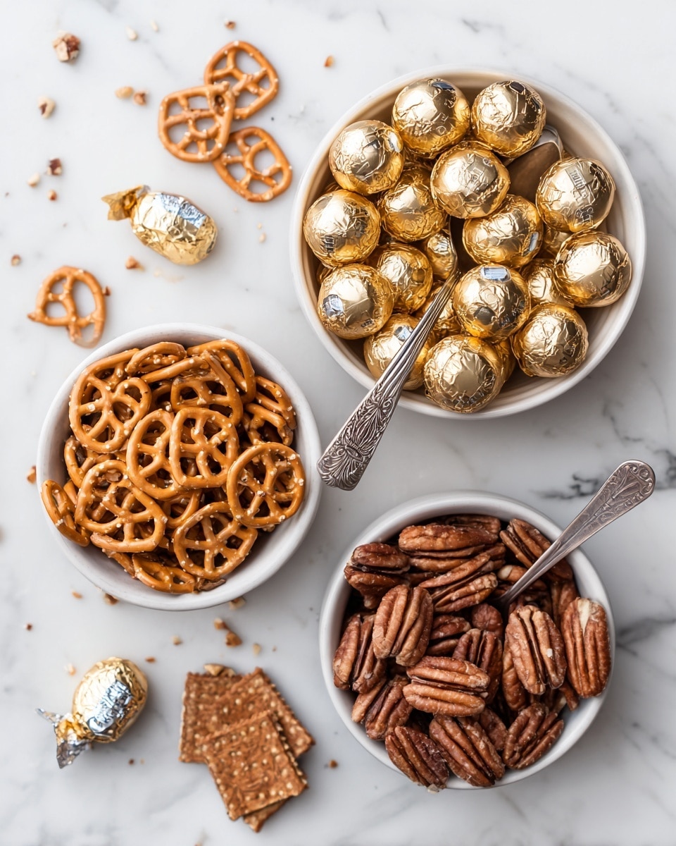 Three white bowls sit on a white marbled surface. The top right bowl is filled with many round candies wrapped in shiny gold foil, some stacked high. The bottom left bowl contains square pretzels with a golden brown color and a lattice pattern, with a large silver spoon resting among them. The bottom right bowl is filled with whole pecans, their textured brown shells creating a natural look, and a smaller silver spoon with pecans on it rests nearby. Scattered pieces of unwrapped and foil-wrapped candy and loose pretzels are placed on the surface around the bowls. Photo taken with an iphone --ar 4:5 --v 7