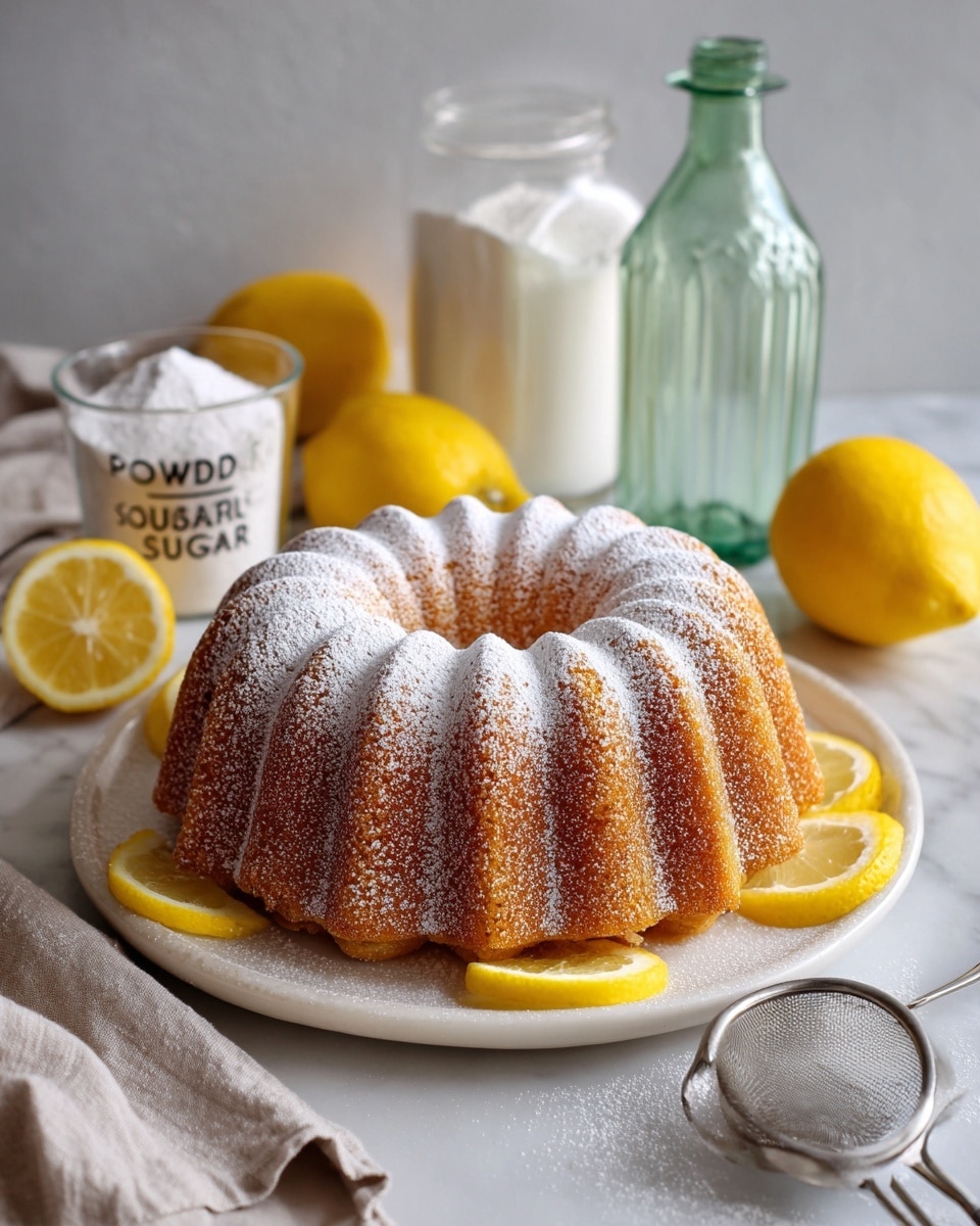 A golden brown bundt cake sits on a white plate, its ridged surface dusted thickly with white powdered sugar. Around the base of the cake, bright yellow lemon wedges add a fresh pop of color. In the background, there are two whole lemons, one half lemon showing its juicy inside, and a tall green glass bottle. A clear container filled with white powdered sugar is labeled
