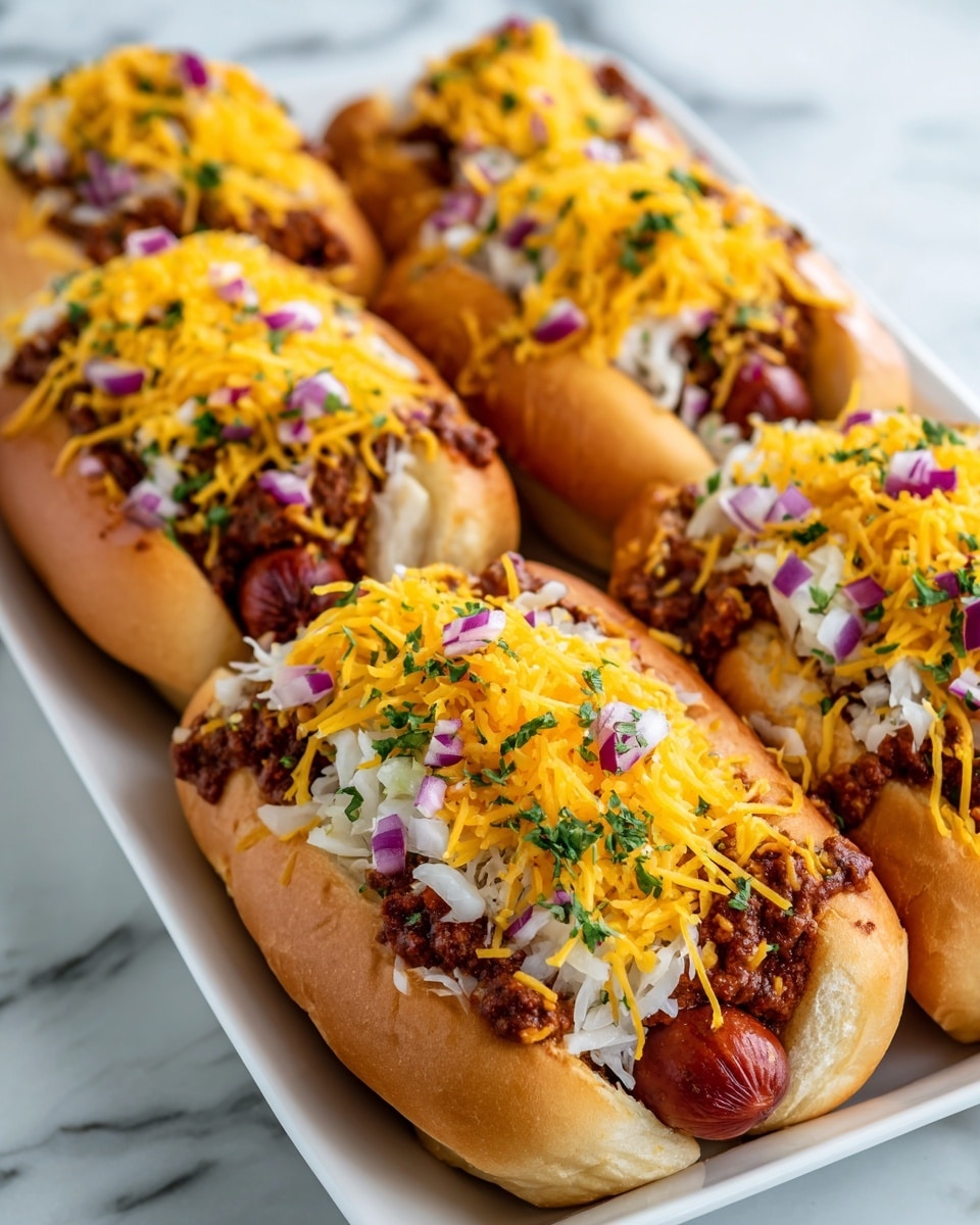 The image shows six hot dogs in soft, light brown buns arranged close together on a white tray. Each hot dog features a dark brown chili layer spread over the sausage, topped with a thick, melted layer of bright orange shredded cheddar cheese. Small bits of purple-red onion and green herbs are sprinkled on top, adding color contrast. There is also a layer of pale, creamy sauerkraut visible beneath the chili on the front hot dogs. The white tray rests on a white marbled surface. photo taken with an iphone --ar 4:5 --v 7