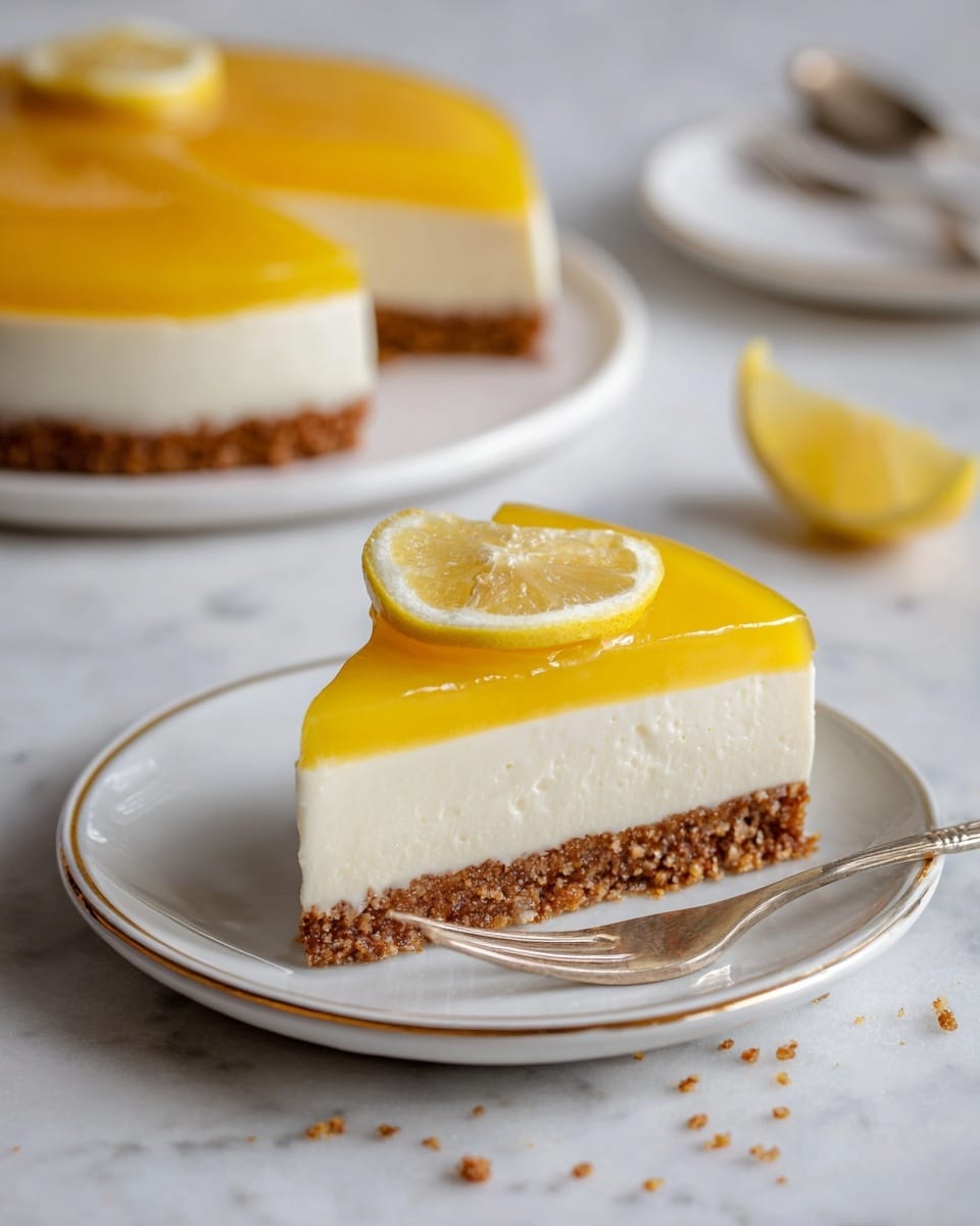 A single slice of lemon cheesecake is shown on a white plate with a thin gold rim, placed on a white marbled surface. The cheesecake has three clear layers: the bottom layer is a brown crumbly crust, the middle layer is a thick, smooth, creamy white cheesecake filling, and the top layer is a bright yellow, glossy lemon jelly with a small lemon slice as garnish. In the background, the rest of the cheesecake sits on a matching white plate, with a woman's hand holding a fork near the edge of the frame. A lemon wedge and a few crumbs are scattered on the white marbled surface. Photo taken with an iphone --ar 4:5 --v 7