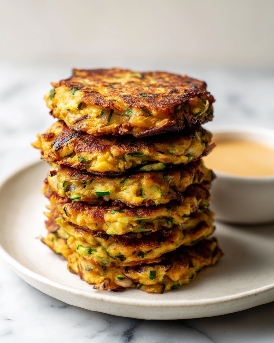 A tall stack of five golden brown vegetable pancakes sits on a white plate, each pancake showing a crispy, textured surface with irregular edges. The pancakes have visible chunks of green and purple vegetables, adding bursts of color within the warm golden layers. The stack is slightly uneven, giving a homemade look, and behind it, a small white dish with light tan dipping sauce is visible. The background and surface are a white marbled texture. Photo taken with an iphone --ar 4:5 --v 7