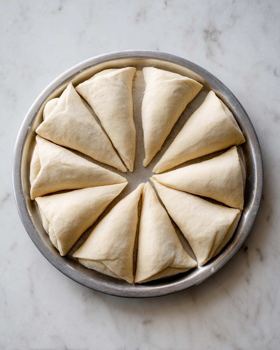 The image shows a shiny silver baking tray with a ring of dough pieces arranged on a white marbled surface. There are ten triangle-shaped dough pieces spread out evenly in a circular shape with their pointed ends facing outward and their wider ends overlapping each other to form a hollow center in the middle. The dough has a smooth, pale beige color and soft texture. The background is a white marbled surface with a clean, bright look. photo taken with an iphone --ar 4:5 --v 7
