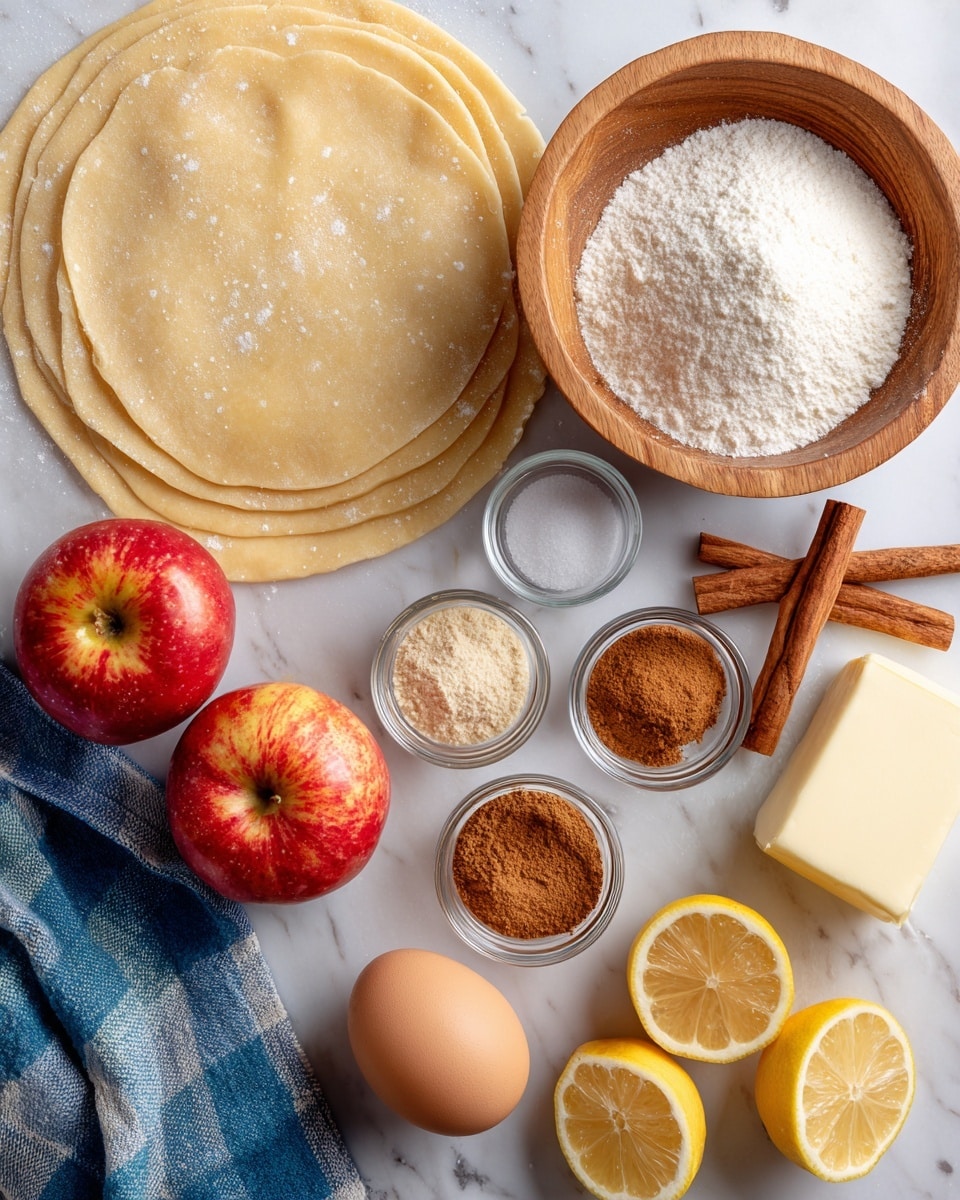 The image shows three thin, round dough layers stacked on the left side with a light beige color and smooth texture lightly dusted with flour. Near the center are three shiny red apples with some yellow spots, showing fresh bright skin. To the right, a wooden bowl filled with white granulated sugar is placed next to two cinnamon sticks laid crossed. Scattered around are small clear glass bowls filled with spices like brown cinnamon powder, white salt, and baking powder. Nearby, a single brown egg and a small stick of butter wrapped in paper are visible. In the lower right corner, two lemon halves with bright yellow cut surfaces sit on the white marbled surface. A blue and white checkered cloth is partially visible at the bottom left. photo taken with an iphone --ar 4:5 --v 7