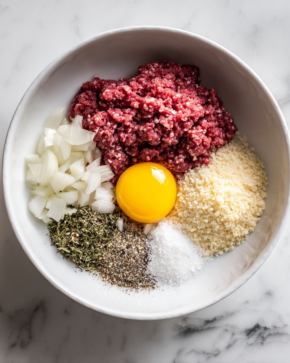 A white bowl sits on a white marbled surface, holding separate layers of ingredients for a dish. On one side is a raw egg yolk, bright yellow and smooth, surrounded by clear egg white. Next to it is a large section of raw ground meat, dark red and textured. Above the meat are small piles of chopped white onions and minced pale yellow garlic. On the right side of the bowl is a heap of pale, fine bread crumbs, beside a small pile of white salt and a mix of black and green dried herbs and ground black pepper. The ingredients are unmixed and clearly visible in the bowl photo taken with an iphone --ar 4:5 --v 7
