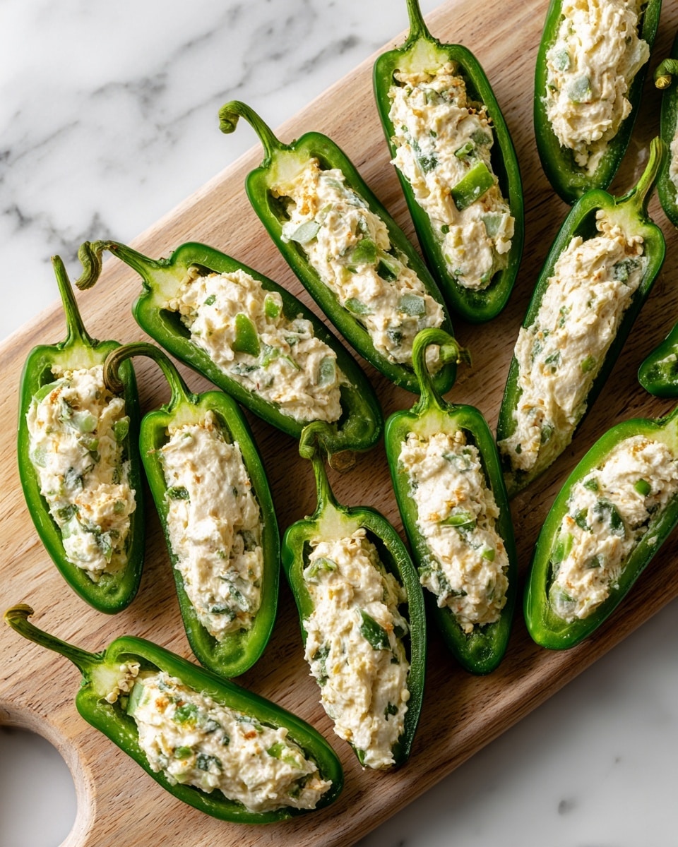 The image shows a wooden board with twelve green jalapeño peppers, each sliced in half lengthwise and filled with a creamy white mixture. The filling is smooth but slightly textured, sitting neatly inside each pepper half. The peppers are fresh and green with some dark green and light green shades, their stems intact. The wooden board has a light brown color with natural wood grain patterns. The whole setup is placed on a white marbled surface. photo taken with an iphone --ar 4:5 --v 7