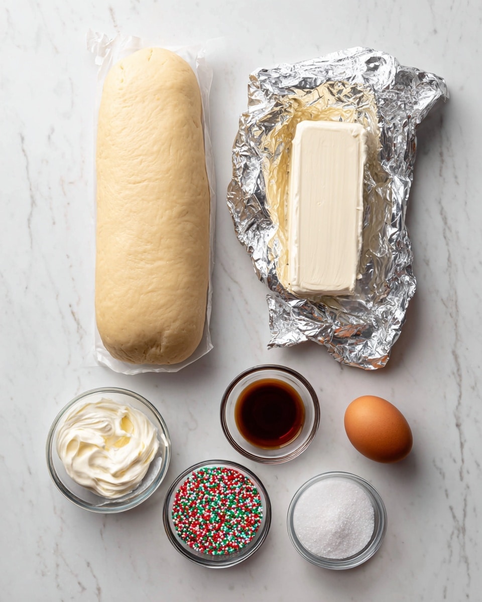 The image shows several baking ingredients placed on a white marbled surface. On the top left is an unwrapped tube of dough with a smoothed beige texture and some uneven edges. To the right of the dough is a partially opened silver foil packet revealing a smooth white cream cheese block inside. Below the dough and cheese are five small containers arranged loosely: a small glass bowl with white creamy cream cheese, a small glass bowl with dark brown vanilla extract, one brown egg with a smooth shell, a small glass bowl with colorful red, green, white, and gold sprinkles, a small glass bowl with white granulated sugar, and a very small glass bowl with a light white powder, likely baking soda or salt. The overall setting is simple and clean. Photo taken with an iphone --ar 4:5 --v 7