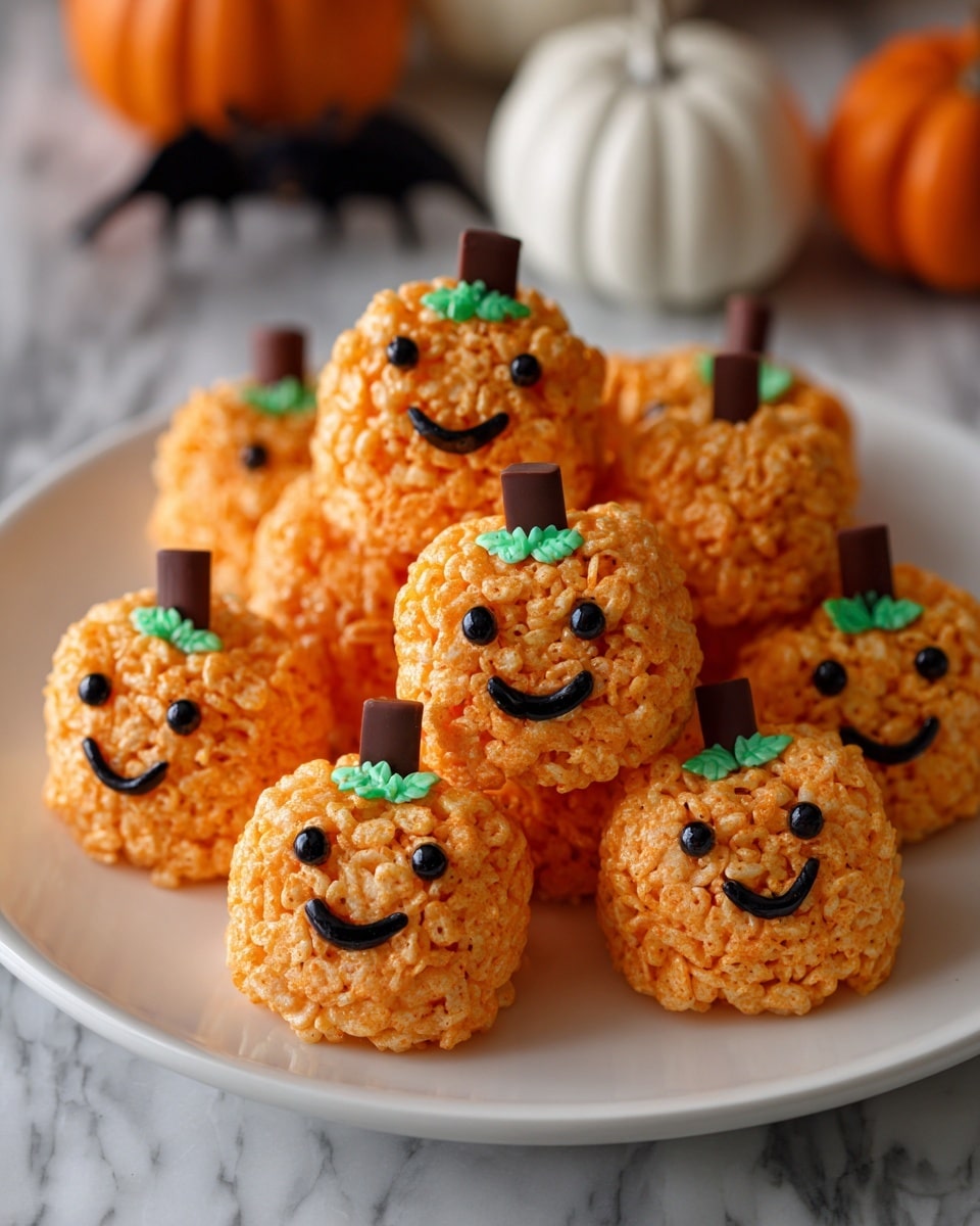 A group of rounded pumpkin-shaped treats made from orange-tinted cereal pieces are piled on a white plate, each decorated with small black triangular eyes and wide smiles made of icing on the front. Each pumpkin has a short brown chocolate stick in the middle as a stem and some small green icing leaves surrounding the stem. The surface under the plate shows a white marbled texture with Halloween decorations blurred in the background. photo taken with an iphone --ar 4:5 --v 7