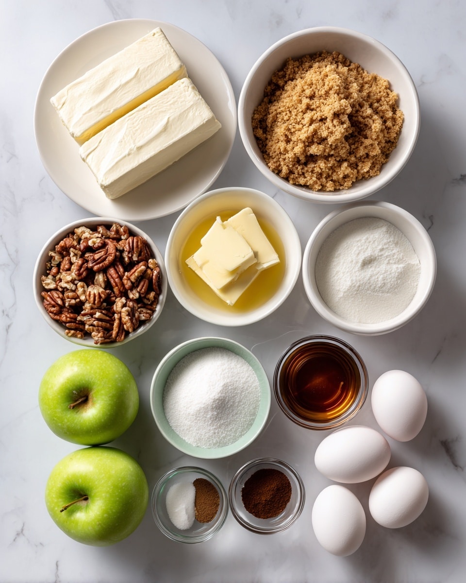 A collection of ingredients is arranged on a white marbled surface, each in white bowls or on white plates. At the center left, there are two large blocks of smooth cream cheese on a white plate. Above them is a bowl filled with fine golden-brown graham cracker crumbs, and next to that is a bowl of chopped pecans with a rough texture. Above the pecans is a bowl of white sugar, and to the right is a small glass bowl with melted yellow butter. Next to it, two white eggs lie side by side. Below, there is a white bowl filled with white sugar, a small white bowl with dark brown cinnamon powder, and a small clear bowl holding dark amber vanilla extract. Three green apples with smooth shiny skin are placed at the bottom left. The ingredients are neatly spaced and labeled with clear text. Photo taken with an iphone --ar 4:5 --v 7