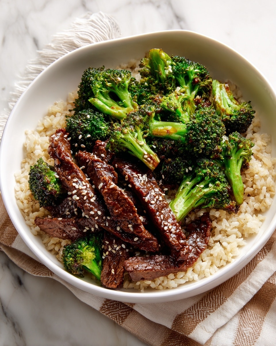 A white bowl holds three main layers: at the bottom, a layer of light brown cooked rice with a slightly shiny texture; in the middle, bright green broccoli florets with some lightly charred spots; on the top, several long, thin strips of dark brown cooked beef sprinkled with small white sesame seeds. The bowl is placed on a white marbled surface, with a beige and white checkered cloth partially around it. Photo taken with an iphone --ar 4:5 --v 7
