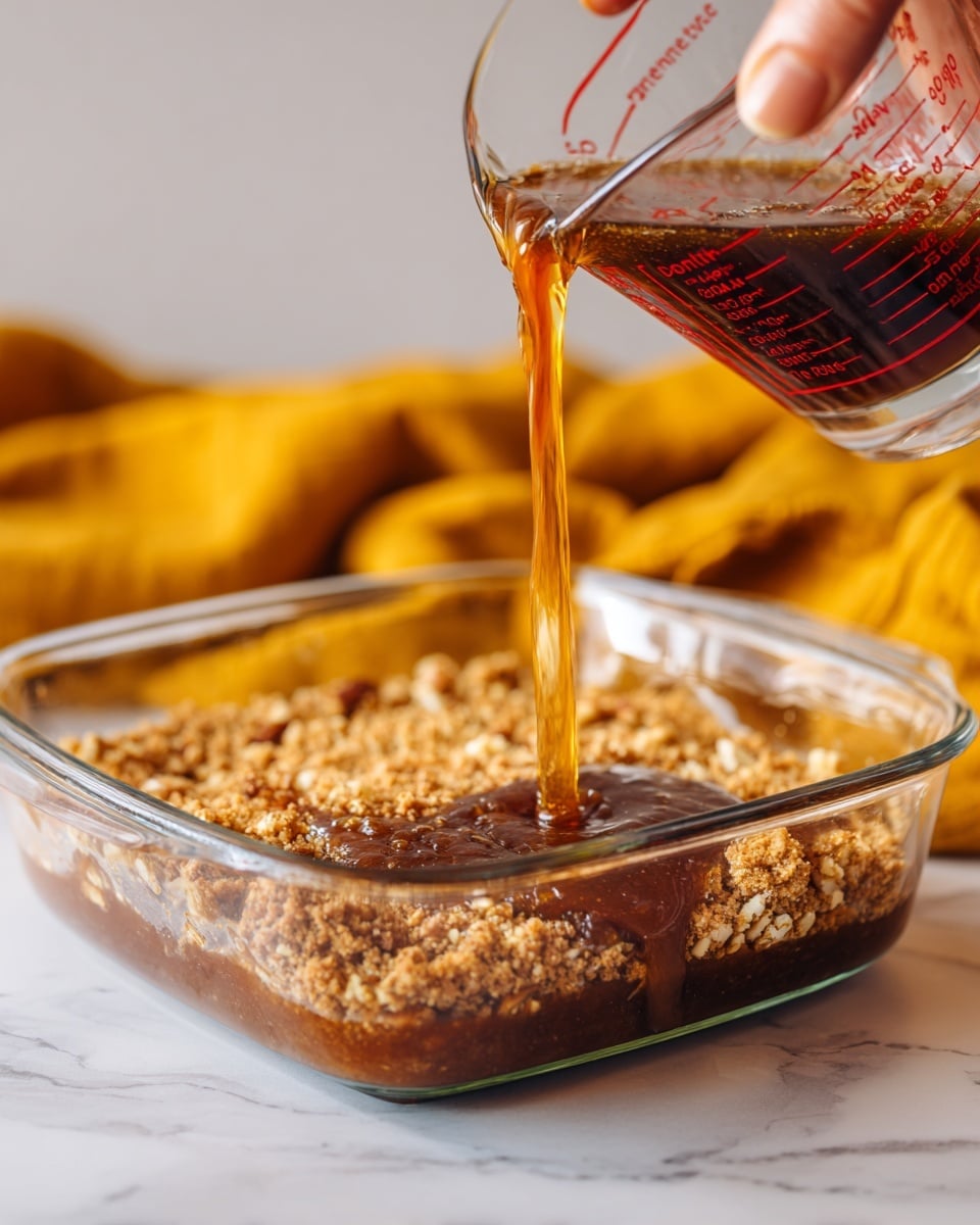 A clear glass baking dish filled with a mixture of chopped nuts and a thick brown syrup-like layer that covers most of the bottom, with some dry crumbly light brown bits scattered on the top edge. A woman's hand holds a clear Pyrex measuring cup with red measurement markings, pouring a clear liquid over the mixture, causing small ripples where it meets the thicker layer. The scene is set on a white marbled surface and the background includes a blurred mustard-yellow fabric. Photo taken with an iphone --ar 4:5 --v 7