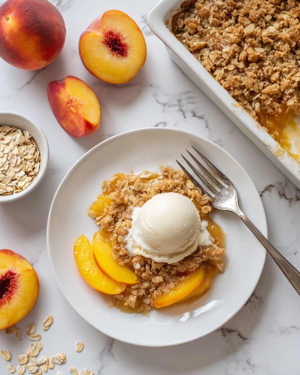 A white plate holds a serving of peach crisp with three main layers: the bottom layer is bright, soft peach slices in a golden-yellow color, the middle layer is a thick, crumbly oat-based topping with a mix of light brown and beige tones, and the top layer is a round scoop of smooth, creamy vanilla ice cream in a pale off-white color. A silver fork rests on the edge of the plate. Around the plate, there are whole and halved fresh peaches with warm orange and red colors, a small white bowl of oats, and a white baking pan with more peach crisp in the background. The whole scene is set on a white marbled surface. Photo taken with an iphone --ar 4:5 --v 7