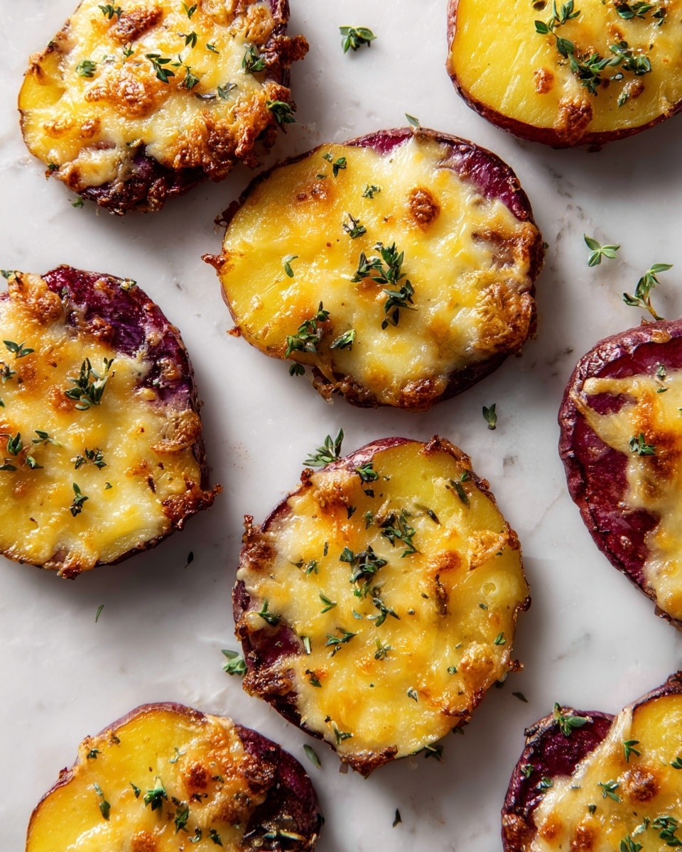 The image shows a tray lined with light brown parchment paper filled with uneven clusters of golden-brown baked potato slices topped with melted cheddar cheese. Each cluster has around two to three layers, with crispy cheese edges, fluffy yellow potato pieces, and specks of chopped dark green herbs scattered on top. Lightly grated white cheese is sprinkled over all the clusters, adding a soft contrast. The whole tray rests on a white marbled surface, framed by a black tray edge. photo taken with an iphone --ar 4:5 --v 7