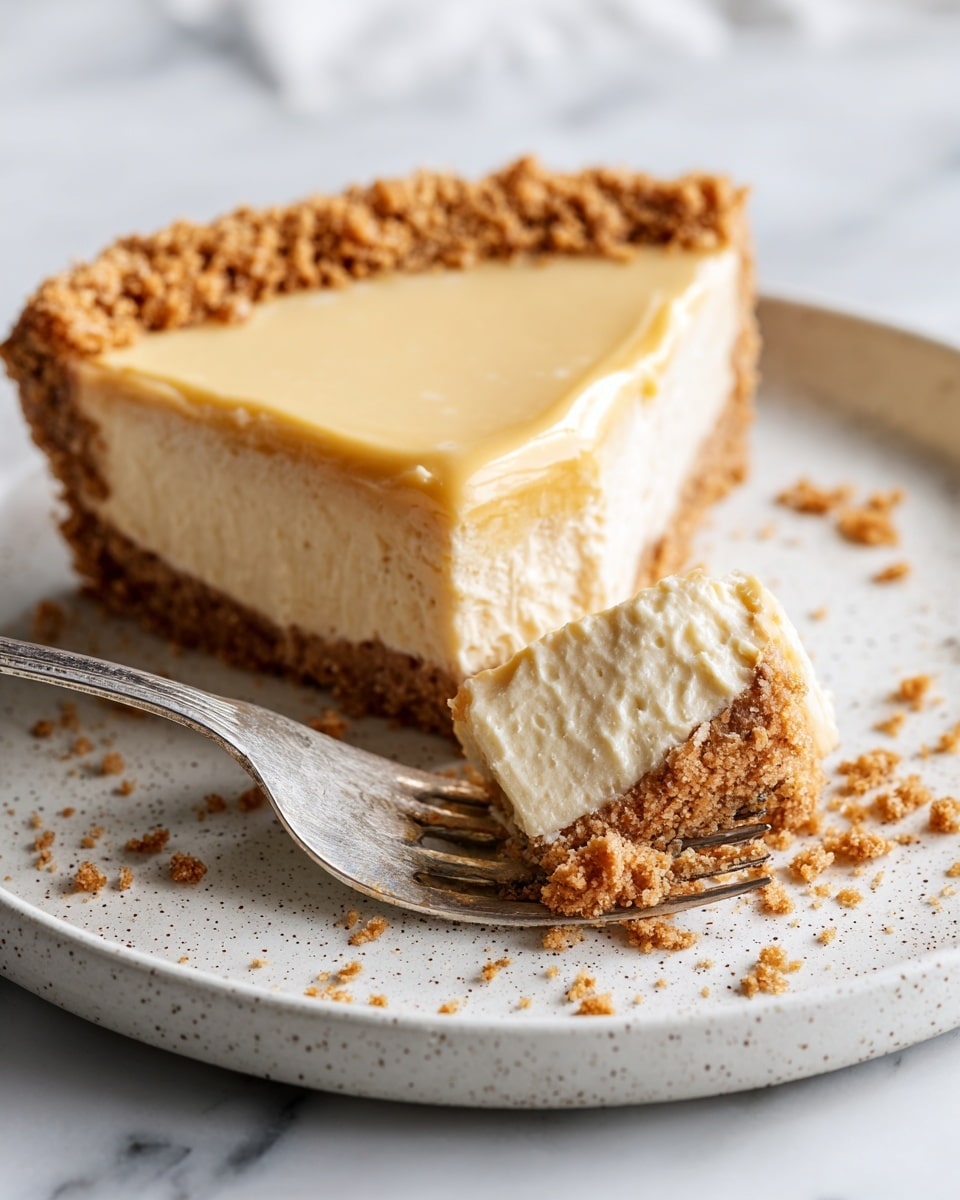 A slice of creamy pie with two layers sits on a white speckled plate. The bottom layer is thick and light brown with a soft texture, while the top layer is thinner and golden yellow with a smooth finish. The crust is crumbly and light brown, wrapping around the edges of the pie. A fork holds a small piece of the slice, pulling it away from the main piece. The whole scene is set on a white marbled surface. photo taken with an iphone --ar 4:5 --v 7