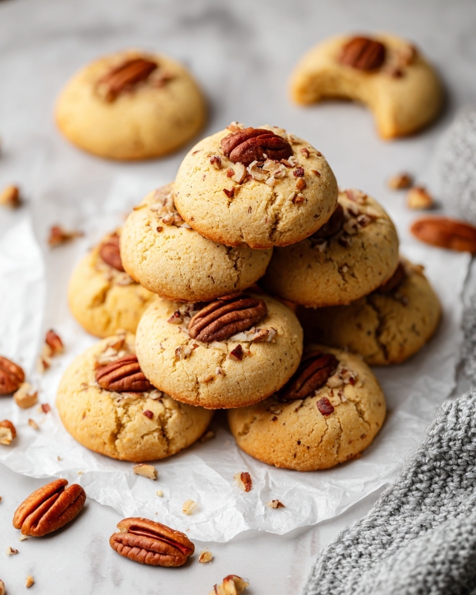 A pile of seven round pecan cookies is stacked in the center on white parchment paper, showing their golden-brown color and slightly cracked texture. Each cookie is topped with a whole pecan and crushed pecan pieces scattered throughout. Around the stack, there are three more cookies; one in the top left corner, one with a bite taken out in the top right corner, and one partially visible in the bottom left corner. Small pecan pieces are scattered around the cookies on a white marbled surface. A light gray, knitted cloth is partly visible in the bottom right corner. photo taken with an iphone --ar 4:5 --v 7