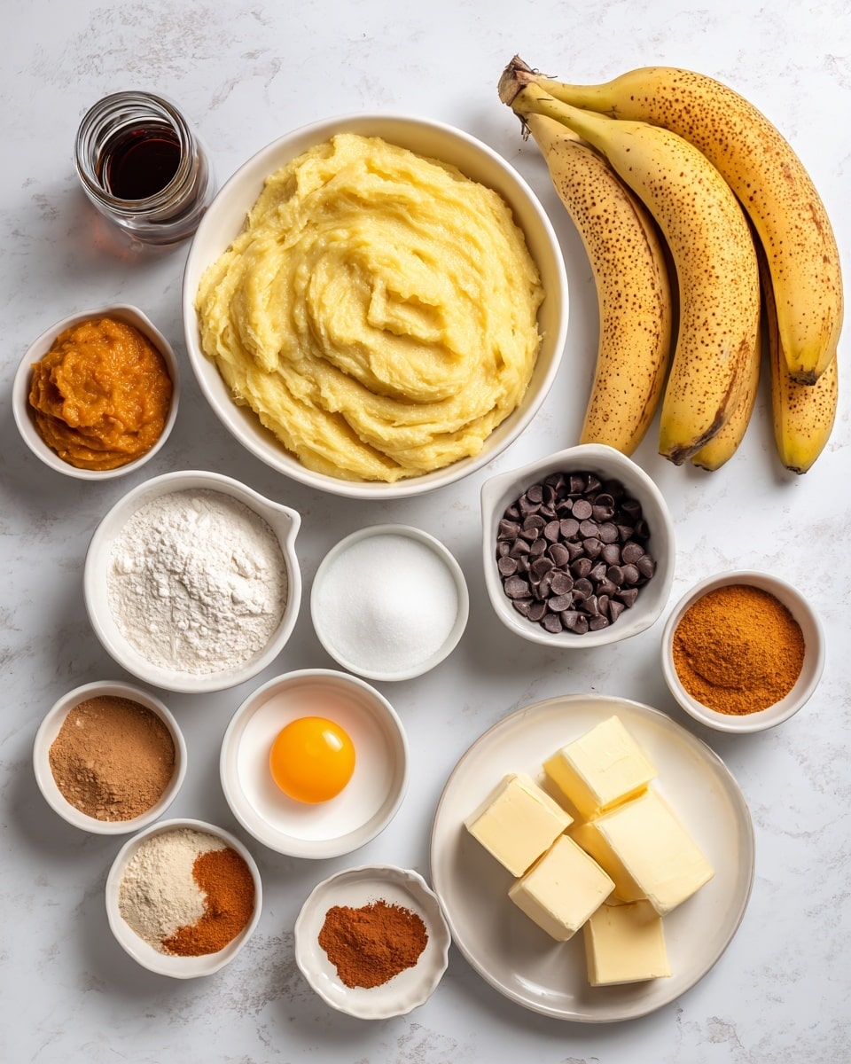 The image shows a flat lay of baking ingredients arranged neatly on a white marbled surface. In the center, there is a large bowl with mashed yellow banana with a soft texture. Around it, there are ten smaller white bowls and a white plate holding different ingredients: orange pumpkin puree, light brown brown sugar, white flour, a single raw egg with bright yellow yolk, a small amount of white salt, orange-brown cinnamon powder, orange pumpkin pie spice powder, and white baking soda. A white plate holds several square pieces of pale yellow butter. In the upper right corner, three whole yellow bananas with brown spots rest beside a bowl filled with small dark brown chocolate chips. A small jar containing dark brown vanilla extract is also present. Each ingredient is clearly visible, with smooth, powdery, or chunky textures. Photo taken with an iphone --ar 4:5 --v 7