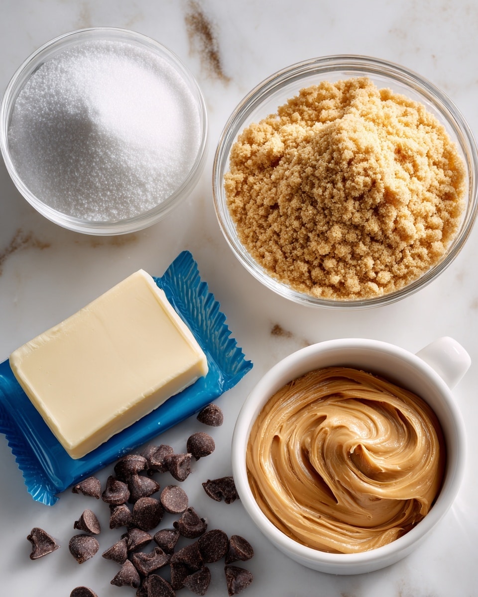 A white bowl filled with fine, powdery white confectioners sugar sits next to a clear bowl heaped with golden brown graham cracker crumbs. Below them is a stick of pale yellow butter in blue packaging, and to its right, a white cup holds smooth, creamy peanut butter with swirls on the surface. Scattered around the peanut butter cup are small, dark brown semi sweet chocolate chips, resting on a white marbled surface. photo taken with an iphone --ar 4:5 --v 7