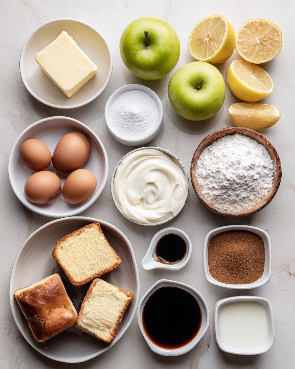 The image shows a white marbled surface with various baking ingredients neatly placed. At the center bottom, there is a white bowl filled with three brown eggs. Above the eggs, chunks of light yellow brioche bread sit in a white bowl. To the left of the bread, a small white dish holds a square piece of light yellow butter. Above the butter, two shiny green apples lie side by side. To the right of the apples, a small white bowl contains white sugar. Next to the sugar, a small wooden bowl has white flour. Above the flour, two lemon halves show their yellow interiors. Near them, a small white cup holds heavy cream that is off-white. To the left of the cream, a small white cup contains dark brown vanilla extract, and above that is another white cup with dark brown maple syrup. To the right of the heavy cream, a white bowl holds light brown packed brown sugar. Near the bottom right, a small white divided dish holds some brown powdered cinnamon mixed with white salt. Below that is another part of the divided dish containing light brown nutmeg powder. Below this is a small white bowl with whole milk, light cream colored. All ingredients are evenly spaced, neatly arranged, and clearly labeled in black text on white blocks. The texture of the surface is smooth with a subtle white marble pattern. photo taken with an iphone --ar 4:5 --v 7