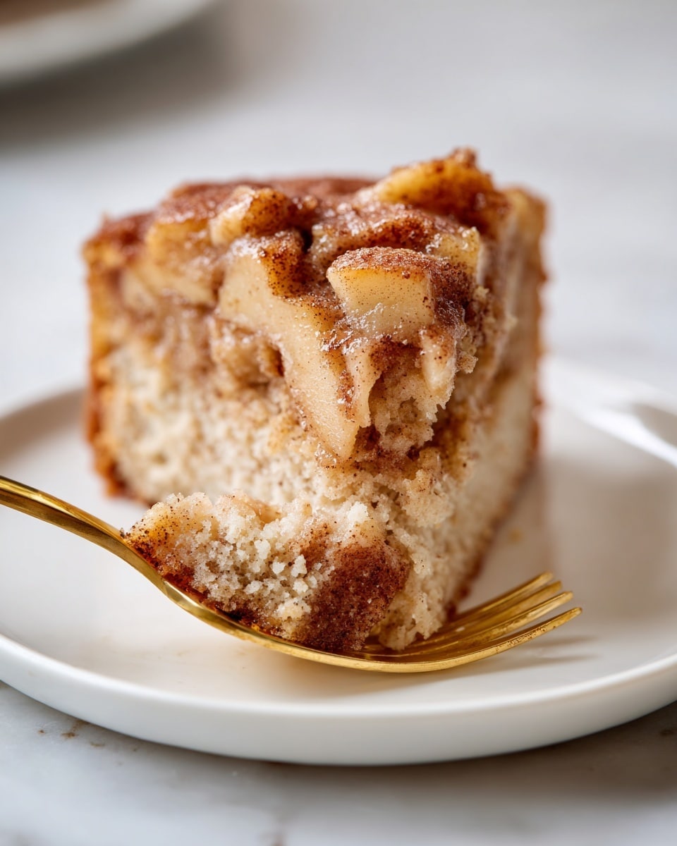 A close-up of a slice of apple cinnamon cake on a white plate, showing two layers: a dense, moist, light tan bottom layer with soft texture, and a top layer with chunky pieces of baked apples coated in a light cinnamon dusting, giving a rough, slightly crispy surface. A piece of the cake is held on a gold fork, showing the inside moist texture. The plate sits on a white marbled surface. Photo taken with an iphone --ar 4:5 --v 7