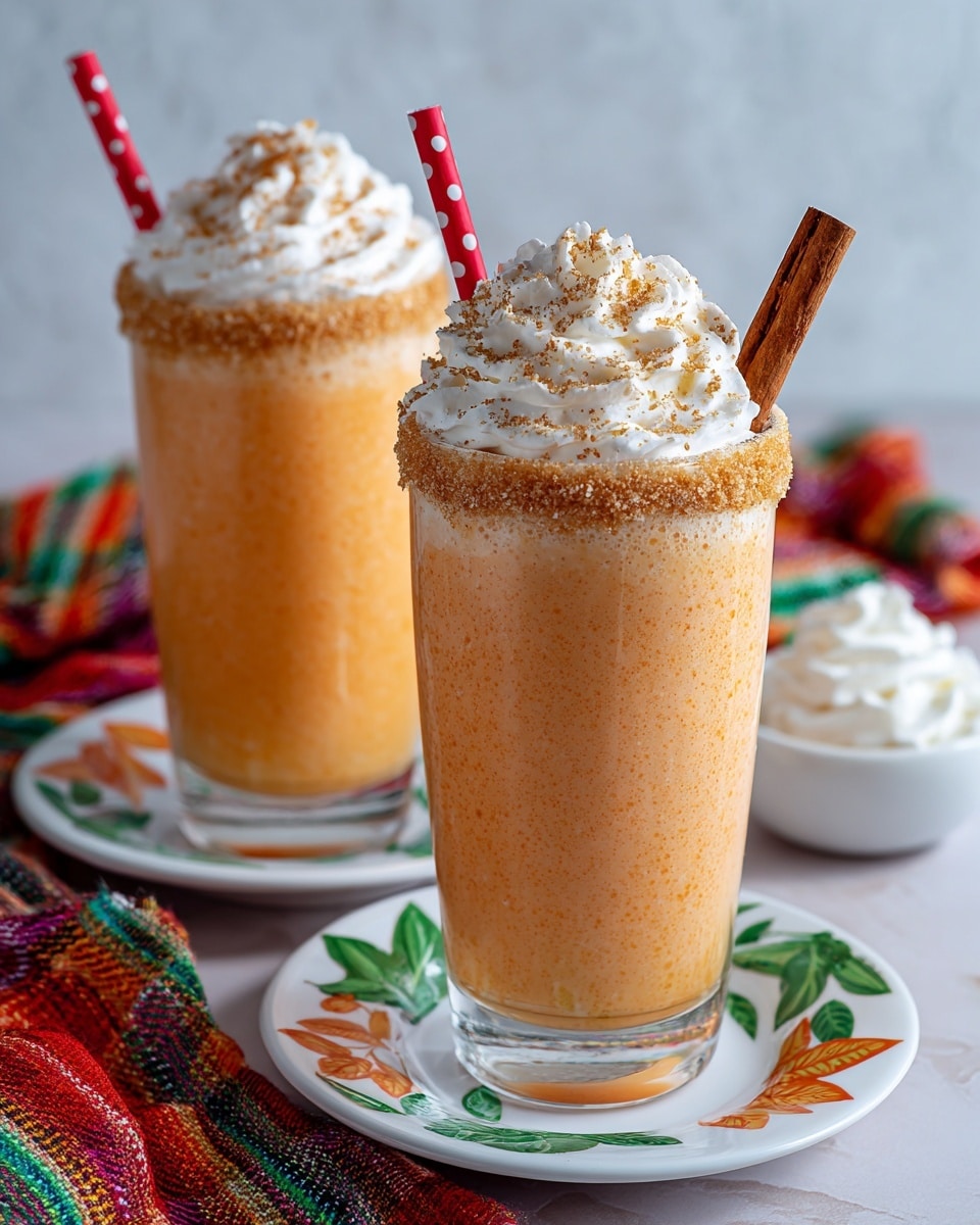 The image shows a tall clear glass filled with a thick, creamy light brown drink. Around the rim of the glass is a crumbly golden brown coating. On top of the drink, there is a large swirl of white whipped cream, sprinkled with golden crumbs. Two red straws with white dots lean out from the whipped cream on one side, and a rolled cinnamon stick is placed vertically on the other side. The glass sits on a white plate with red and green leaf patterns on a white marbled surface, with a colorful checkered cloth nearby. Photo taken with an iphone --ar 4:5 --v 7