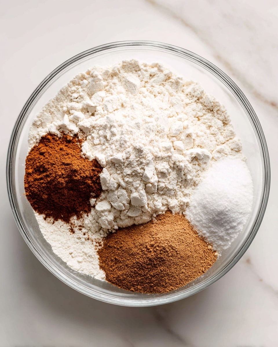 A clear glass bowl shows four piles of dry ingredients, placed on a white marbled surface; the biggest pile is white flour, covering most of the bowl's base and having a powdery, soft texture; next to it is a smaller pile of white baking soda with a smooth, fine texture, and two darker brown piles of ground cinnamon and ground nutmeg with a slightly grainy, powdery texture, sitting together near the bottom edge of the flour layer photo taken with an iphone --ar 4:5 --v 7