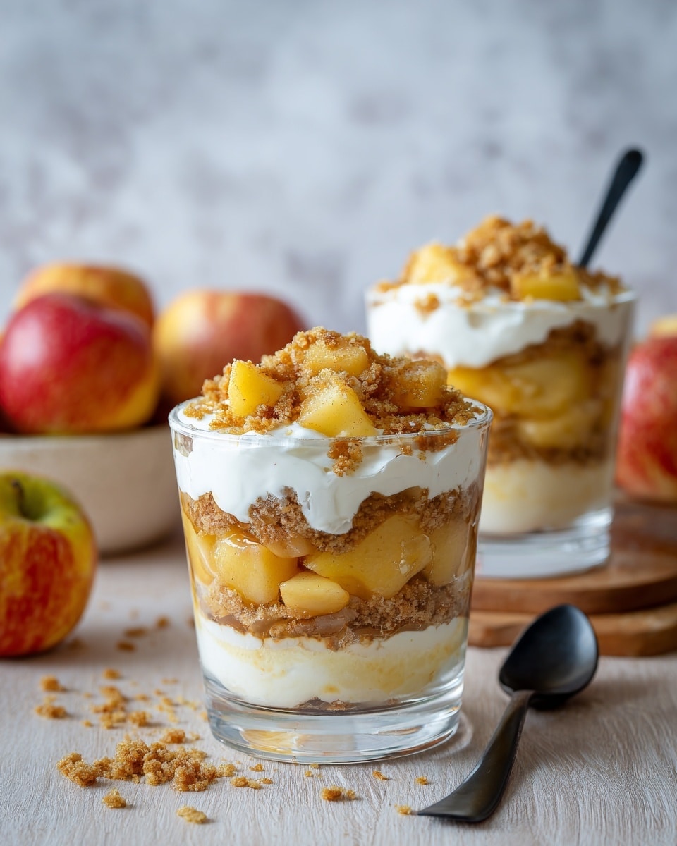 Two clear glasses are filled with three layers each, sitting on a light wooden surface with a blurred background of apples and a bowl. From the bottom up, the first layer is chunky yellow apple pieces, followed by a thick white creamy layer. Next is a crunchy brown crumble layer, then another white creamy layer, topped with more apple pieces and a sprinkling of crumble. A black spoon is placed in the glass in front. The background has a soft focus with a white marbled textured surface visible around the edges. photo taken with an iphone --ar 4:5 --v 7
