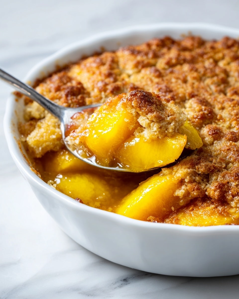A close-up of a white dish filled with a warm peach cobbler, showing soft yellow peach slices in a thick syrupy sauce at the bottom layer, topped with a golden brown crust that looks slightly crumbly and baked, with a metal spoon scooping into the dessert from the left foreground. The crust is unevenly golden, with some lighter and slightly darker patches giving it a textured look. The dish is placed on a white marbled surface. photo taken with an iphone --ar 4:5 --v 7