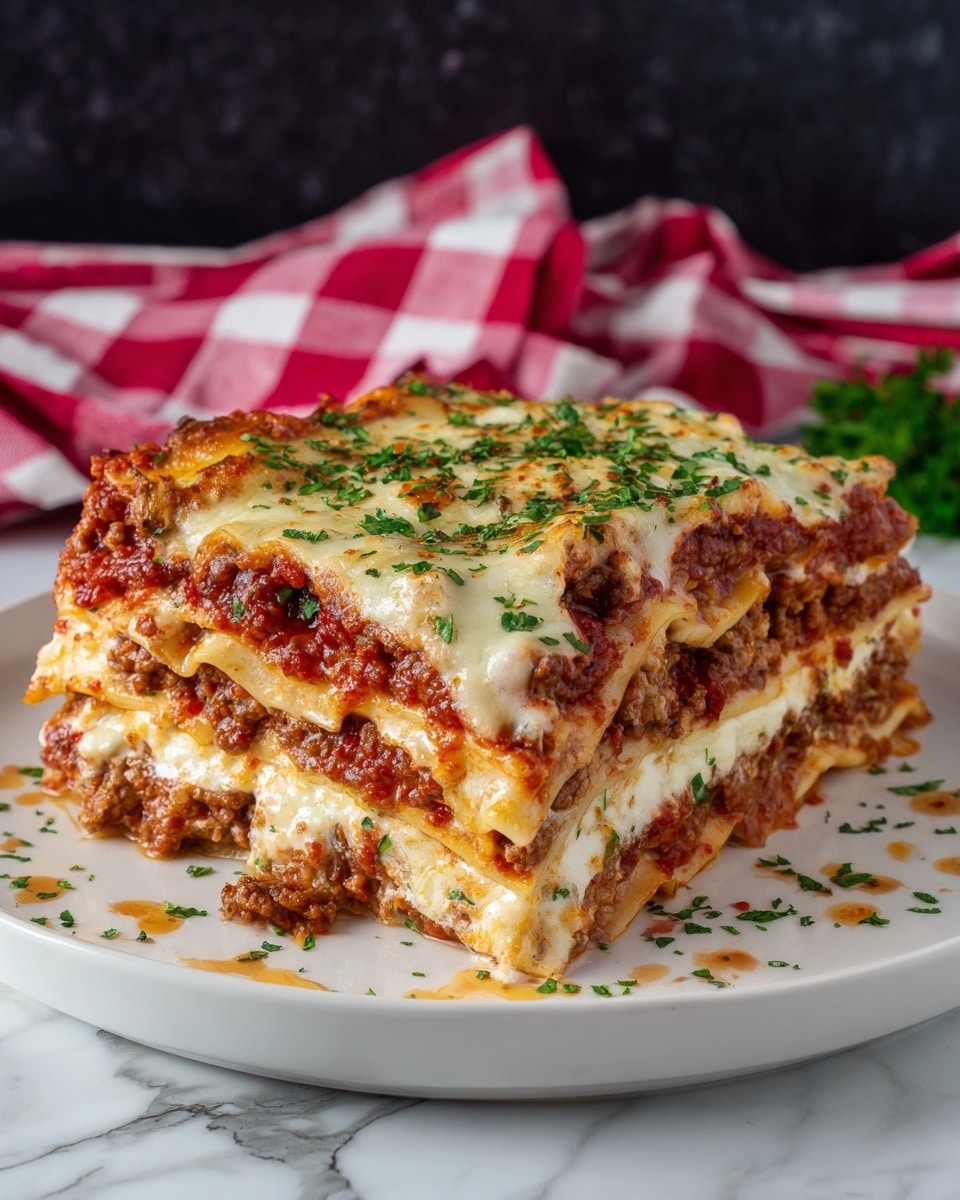 A thick slice of lasagna is placed on a white plate, showing multiple layers starting with a bottom layer of pasta sheets, followed by a creamy white cheese layer mixed with meat, a rich red tomato meat sauce layer, and topped with melted golden cheese sprinkled with green herbs. The side edges show the layers stacked tightly, and some sauce and herbs are scattered gently around the plate. A red and white checkered cloth is softly folded in the background on a white marbled surface, with a dark wall behind. photo taken with an iphone --ar 4:5 --v 7