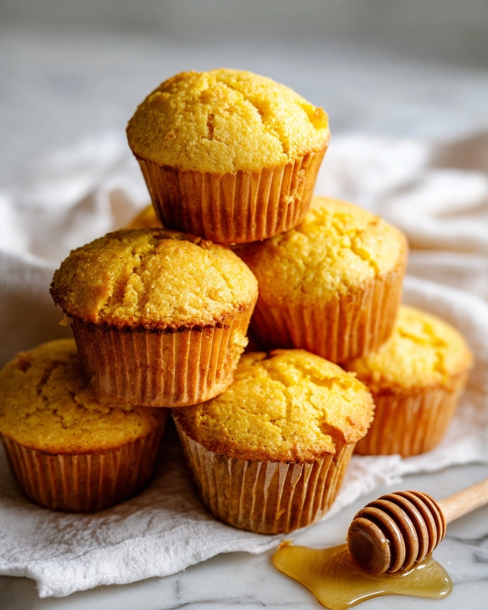 A pile of golden yellow cornbread muffins with a cracked top texture is placed directly on a white marbled surface. The muffins show a soft, crumbly texture with slightly browned edges and brown paper liners. To the upper right, there is a wooden honey dipper lying on a small spill of honey that glistens on the white marble surface. A white cloth napkin is gently folded and placed at the bottom right corner. The colors are warm and inviting, with a natural light setting. Photo taken with an iphone --ar 4:5 --v 7