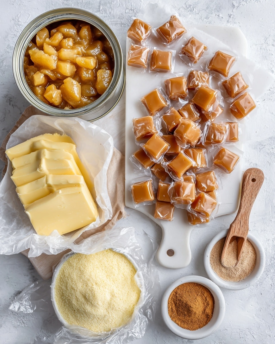 The image shows a white cutting board placed on a white marbled surface, with many small caramel pieces, some still in clear wrappers, scattered across it. To the top left of the board is an opened can filled with canned apple pie filling, golden and chunky in texture. To the left of the board are several slices of pale yellow salted butter stacked on a white parchment paper. A sealed plastic bag of yellow cake mix with a powdery texture is placed at the bottom left. On the right side of the board are two small white bowls, one filled with light brown allspice powder, and the other with cinnamon powder, with a wooden measuring spoon resting inside the cinnamon bowl. photo taken with an iphone --ar 4:5 --v 7