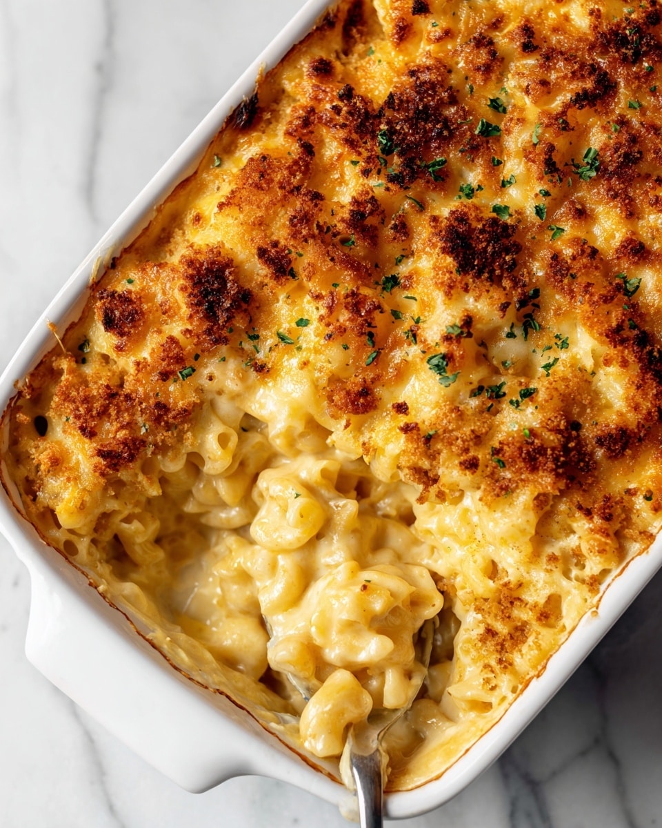 The image shows a close-up of a white rectangular dish filled with baked cheesy macaroni topped with golden brown bread crumbs and melted cheese. The top layer is bubbly and browned with small bits of green herbs sprinkled across. The macaroni underneath is creamy and yellowish, with a rich, smooth texture visible where a spoon has scooped out a portion from the corner. The dish sits on a white marbled surface. Photo taken with an iphone --ar 4:5 --v 7