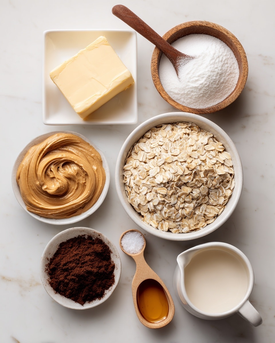 The image shows eight ingredients arranged neatly on a white marbled surface. At the top left, a small white square dish holds a pale yellow solid block of butter. To the right, a round wooden bowl is filled with white sugar, with a wooden spoon resting inside it. Below the butter, a small white bowl contains creamy, light brown peanut butter with smooth swirls. A large white bowl filled with quick-cooking oats, showing their light beige color and flaky texture, is positioned at the center. To the right of the oats, a small wooden measuring spoon holds a small amount of white salt. Below the oats to the left, a very small white bowl is filled with dark brown unsweetened cocoa powder. Next to it, a small round white bowl contains golden vanilla extract. On the far right at the bottom, a white measuring cup is filled with light beige evaporated milk. All ingredients are clearly visible and placed with some space between each other, photo taken with an iphone --ar 4:5 --v 7